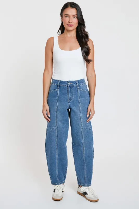 Women's High Rise Seamed Barrel Jeans sold by YMI