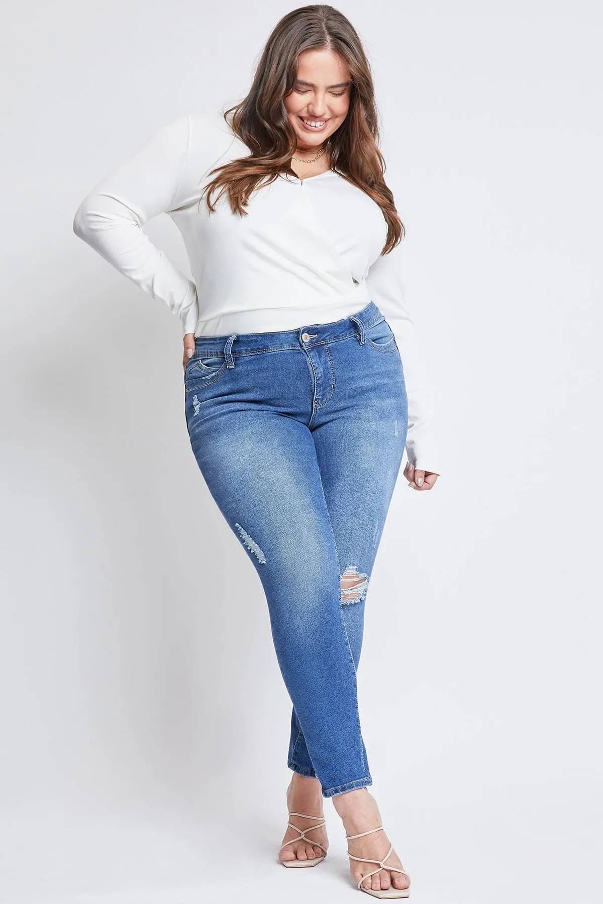 Women's Plus Size Sustainable WannaBettaButt Mid Rise Skinny Jeans sold by YMI product image thumbnail 2