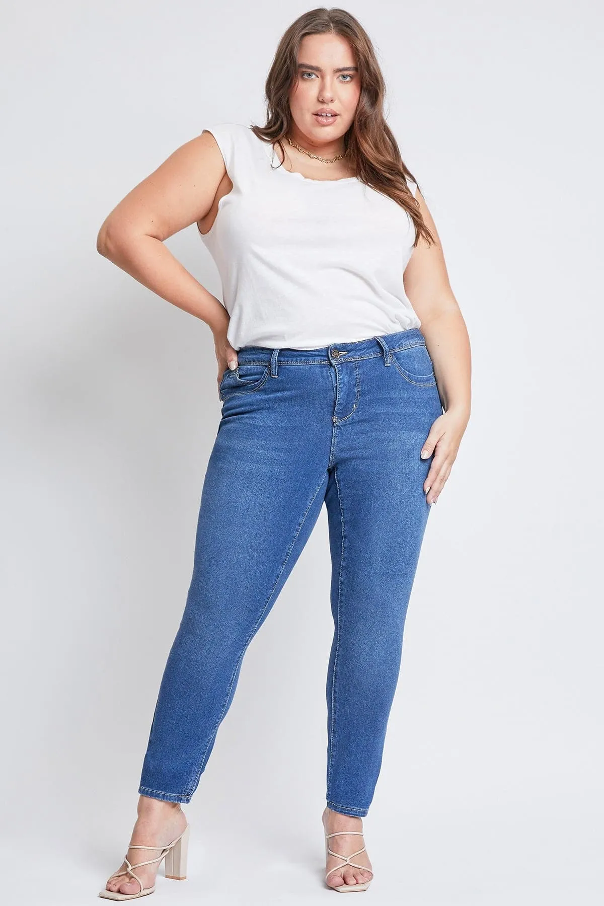 Women's Plus Size WannaBettaButt High Rise 1 Button Skinny Jean With Regular Hem sold by YMI