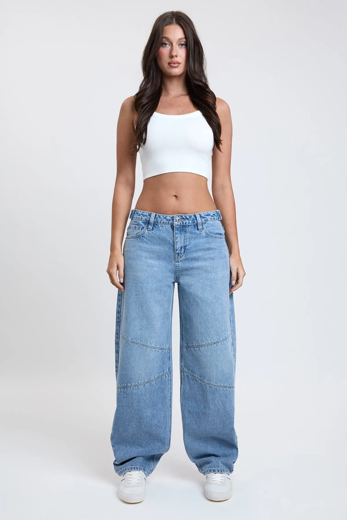 Women's Moto Relaxed Rise Baggy Barrel Jeans with Seam Detail sold by YMI