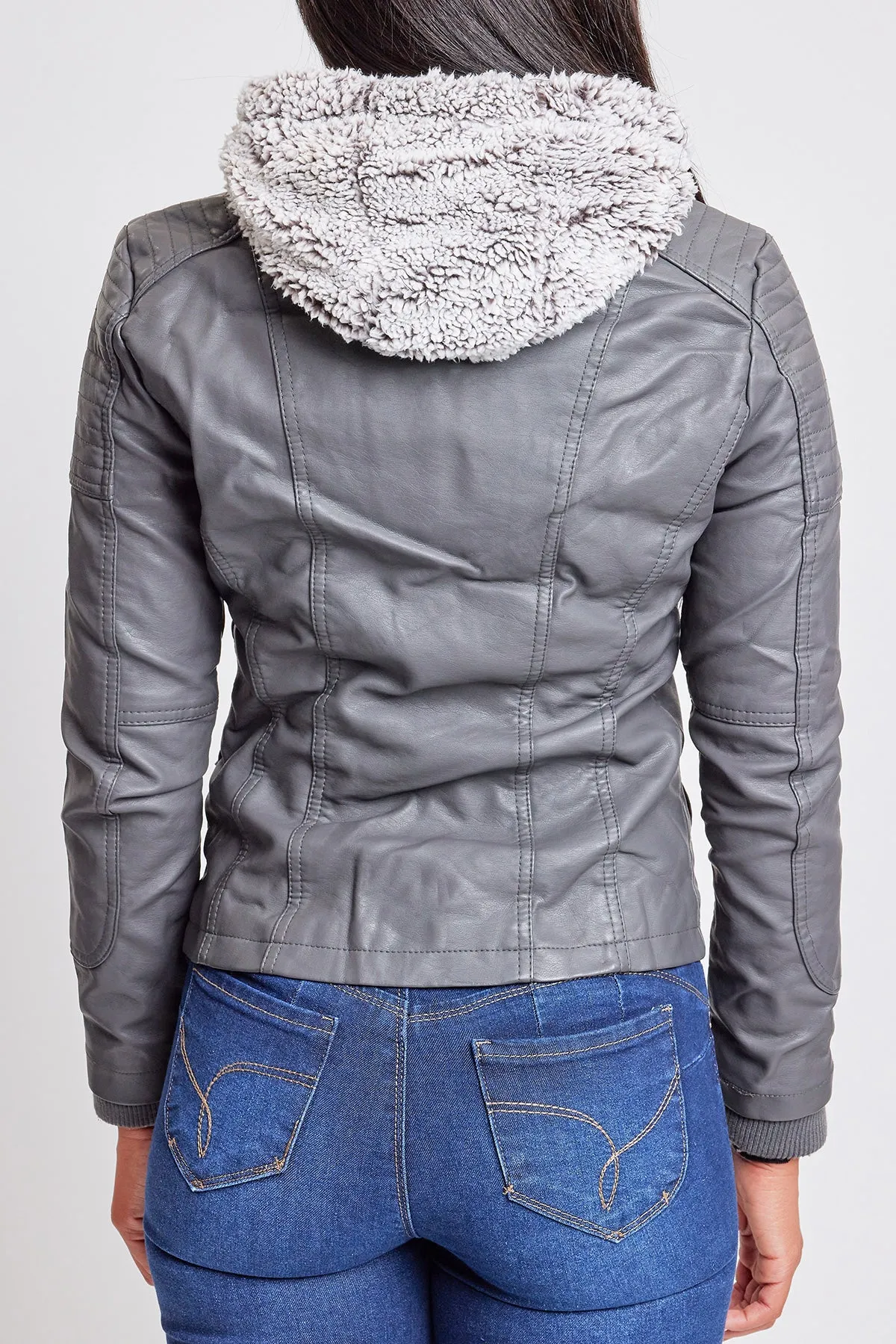 Women's Winter Faux Leather Jacket with Sherpa Fur Hoodie sold by YMI product image thumbnail 4