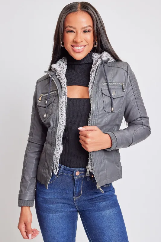 Women's Winter Faux Leather Jacket with Sherpa Fur Hoodie sold by YMI
