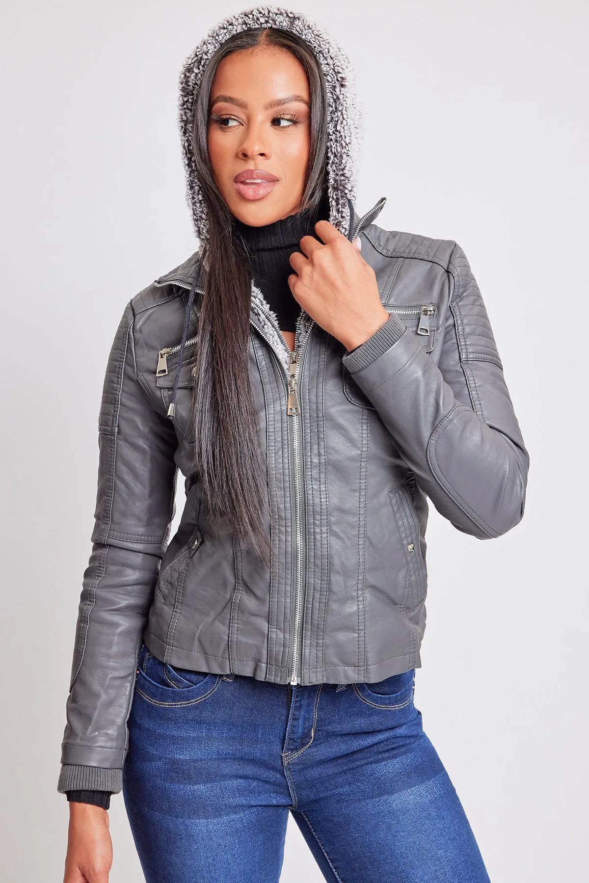 Women's Winter Faux Leather Jacket with Sherpa Fur Hoodie sold by YMI product image thumbnail 5