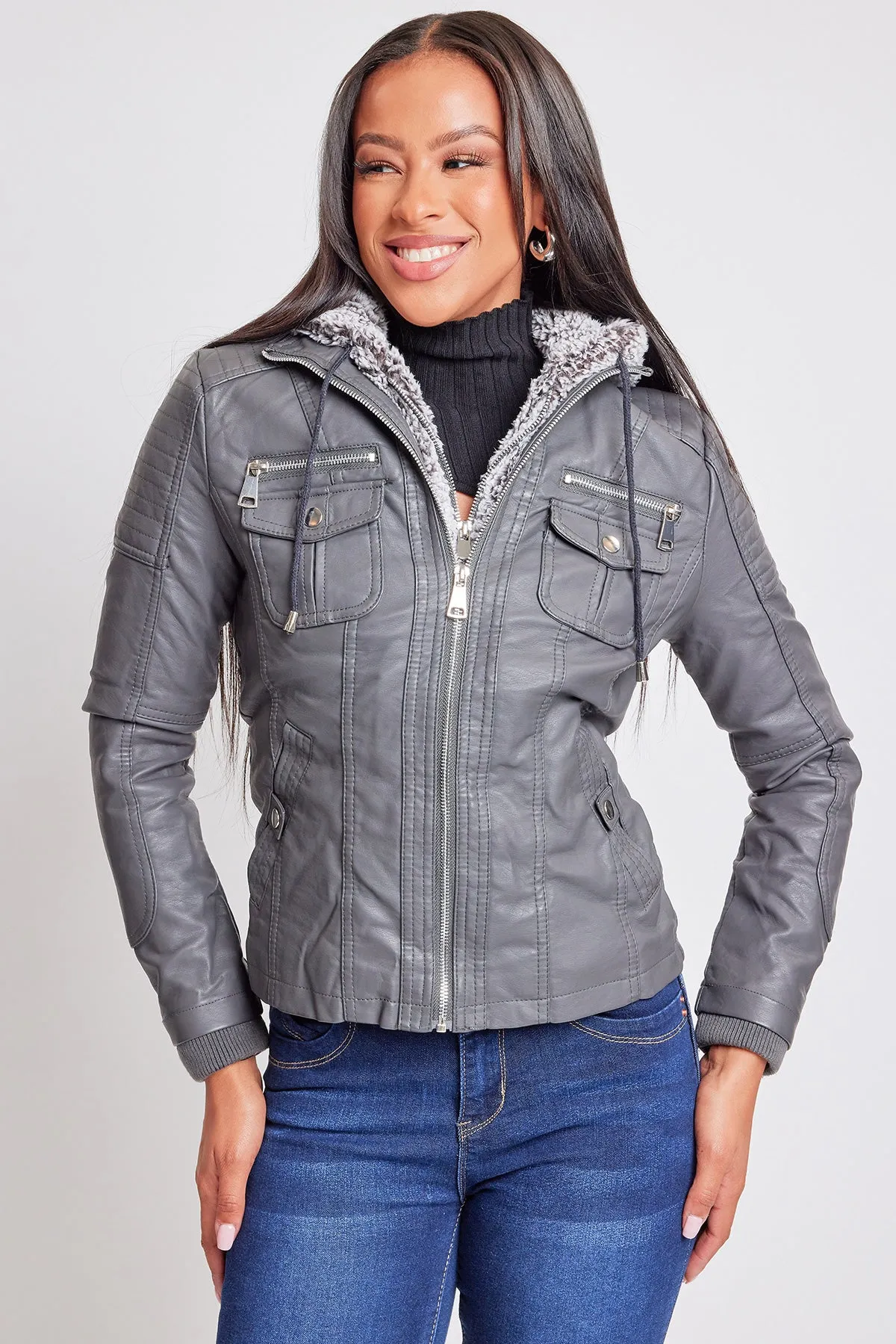 Women's Winter Faux Leather Jacket with Sherpa Fur Hoodie sold by YMI product image thumbnail 2