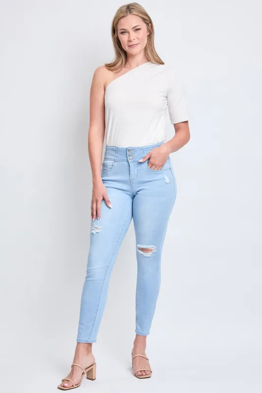 Women's High Rise 3 Button Stacked Waistband Skinny Sustainable Jeans sold by YMI