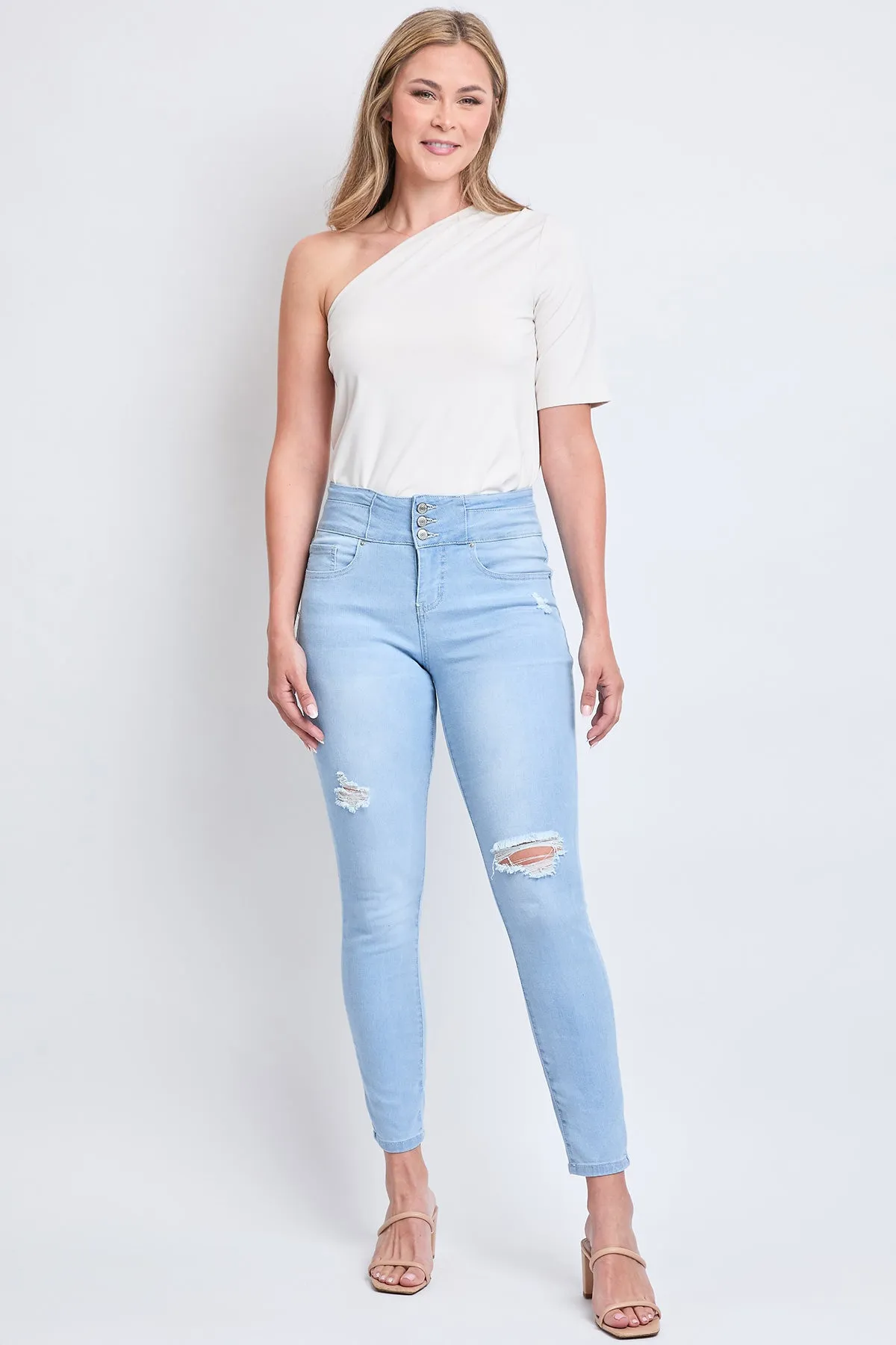 Women's High Rise 3 Button Stacked Waistband Skinny Sustainable Jeans sold by YMI product image thumbnail 5