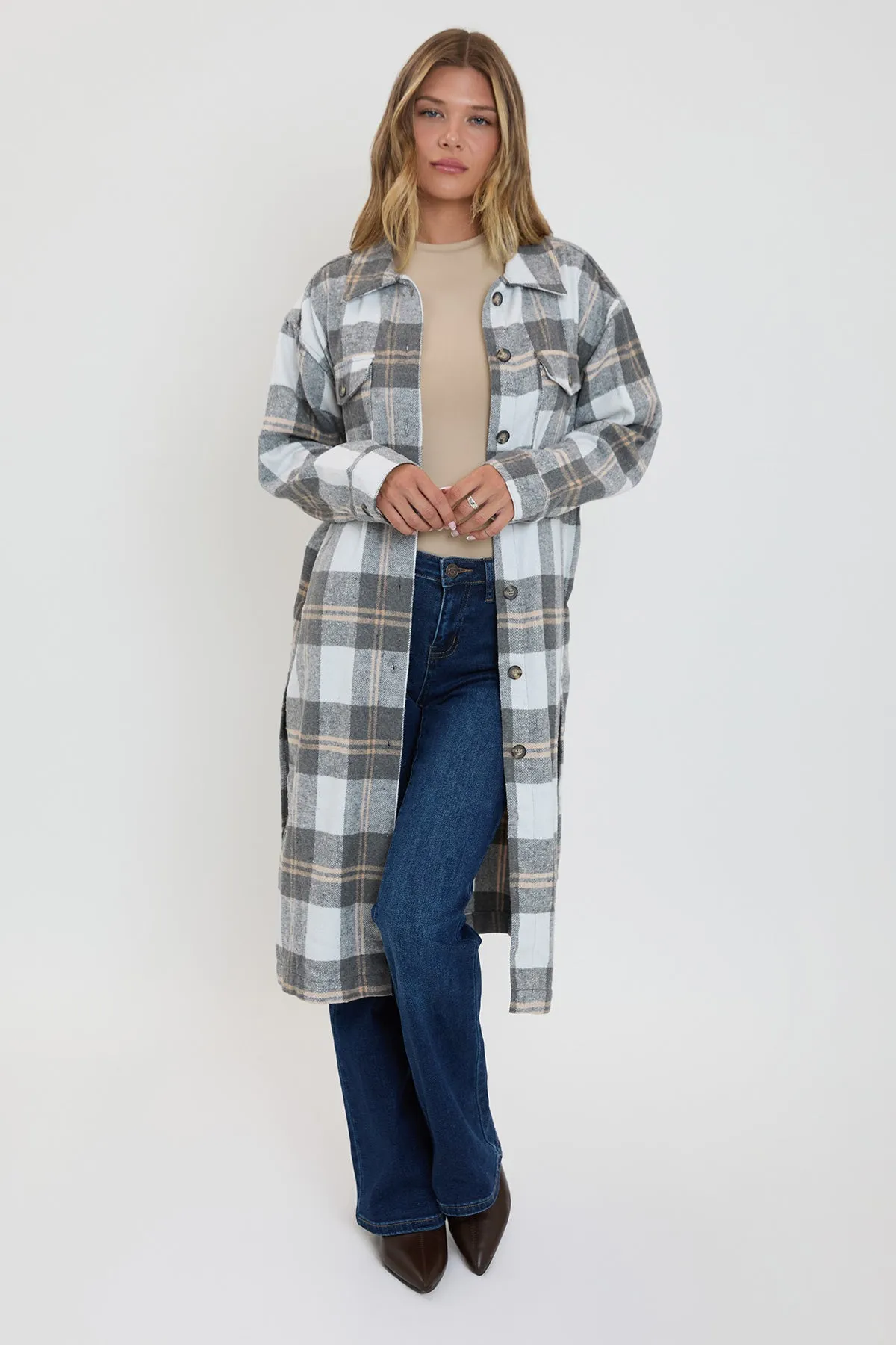 Women's Plaid Long Duster Shacket sold by YMI