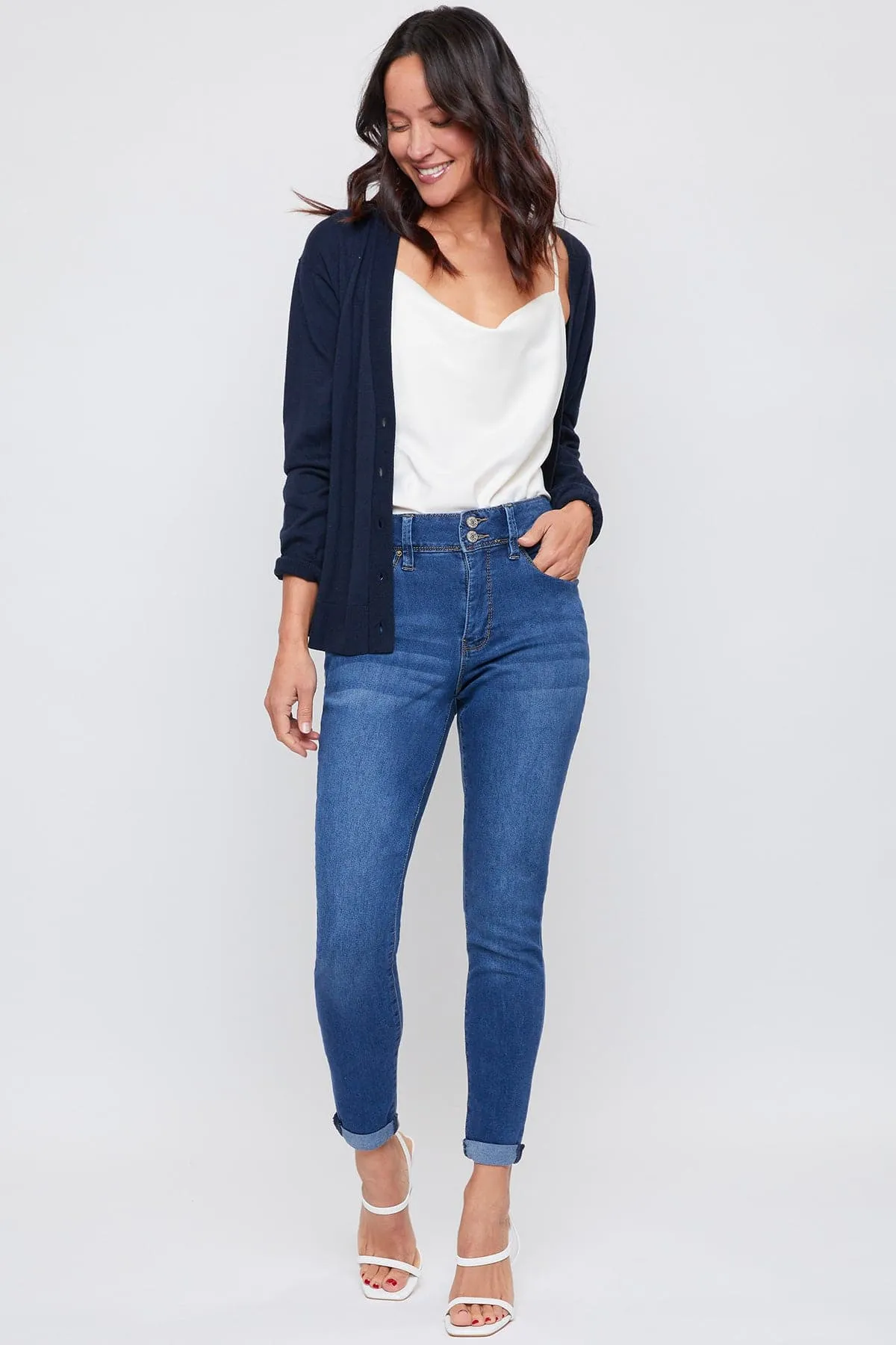 Women's Essential 2-Button Roll Cuff Ankle Jeans sold by YMI