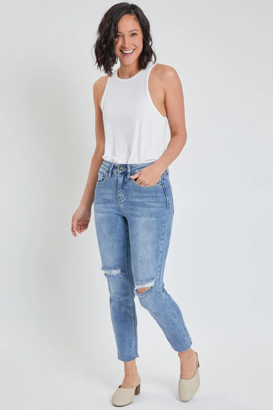 Women's Vintage Wash Straight Ankle Ripped Jean with Frayed Hem sold by YMI