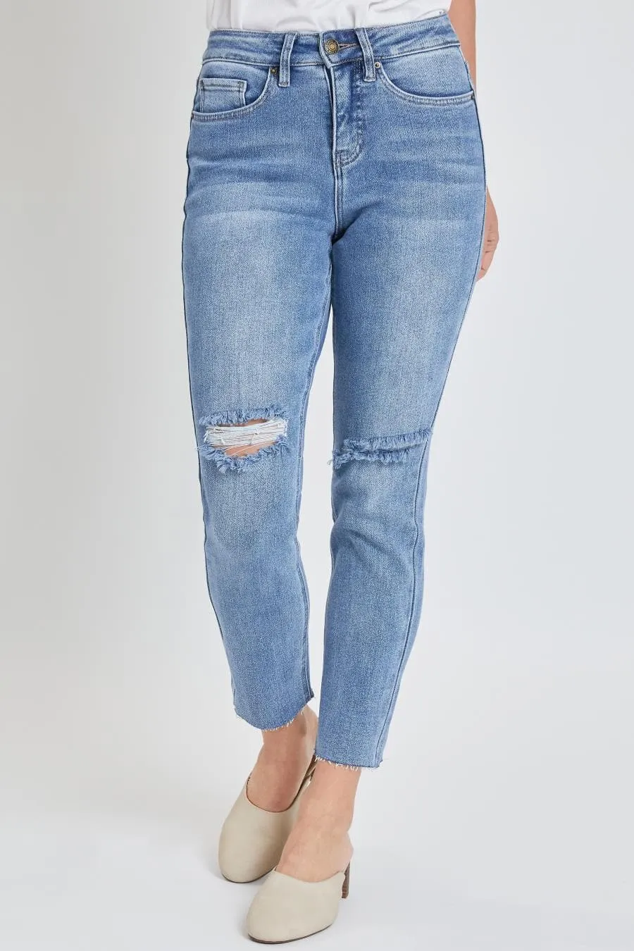 Women's Vintage Wash Straight Ankle Ripped Jean with Frayed Hem sold by YMI product image thumbnail 2