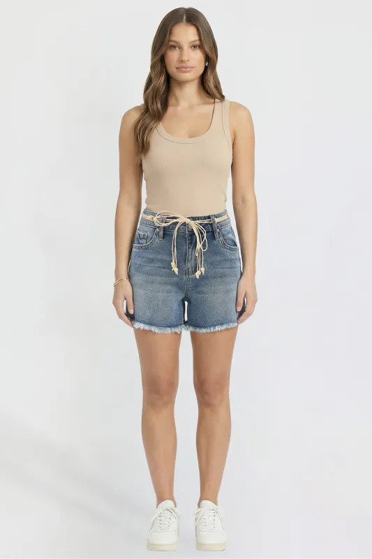 Women's Belted Fray Hem Shorts made by YMI