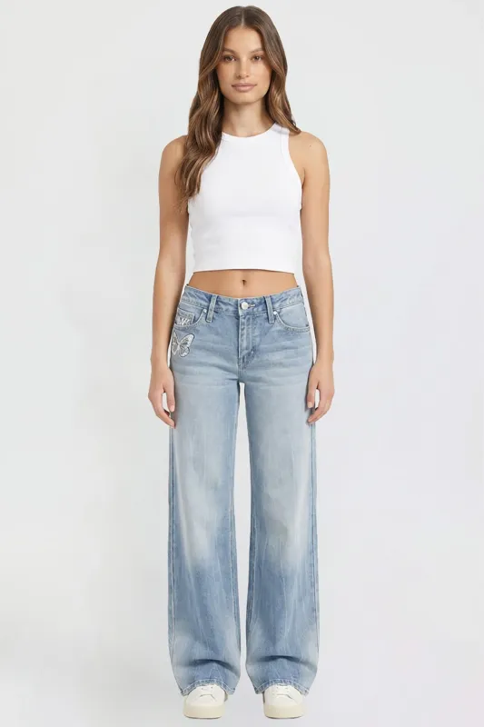 Women's Britney Buttefly Pocket Wide Leg Jeans made by YMI