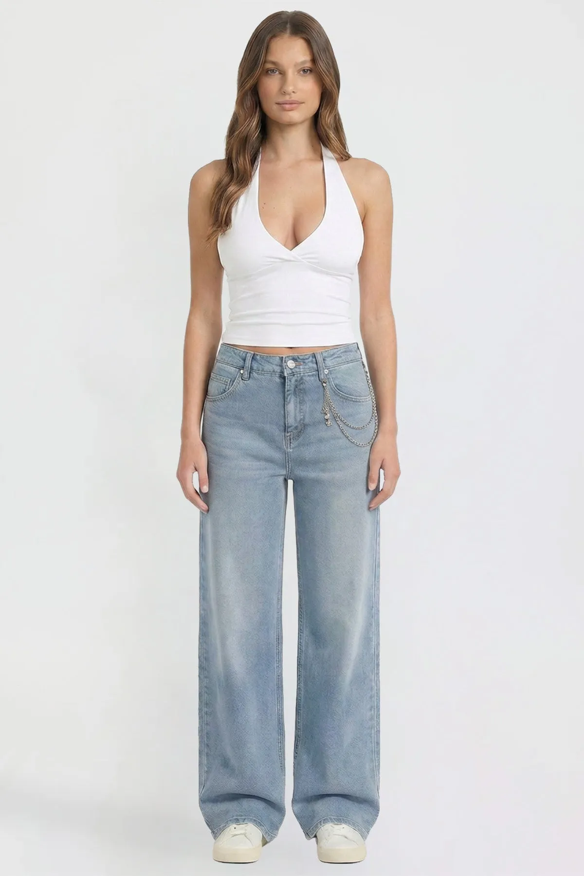 Women's Joey Super Wide Leg Jeans with Butterfly Chain sold by YMI