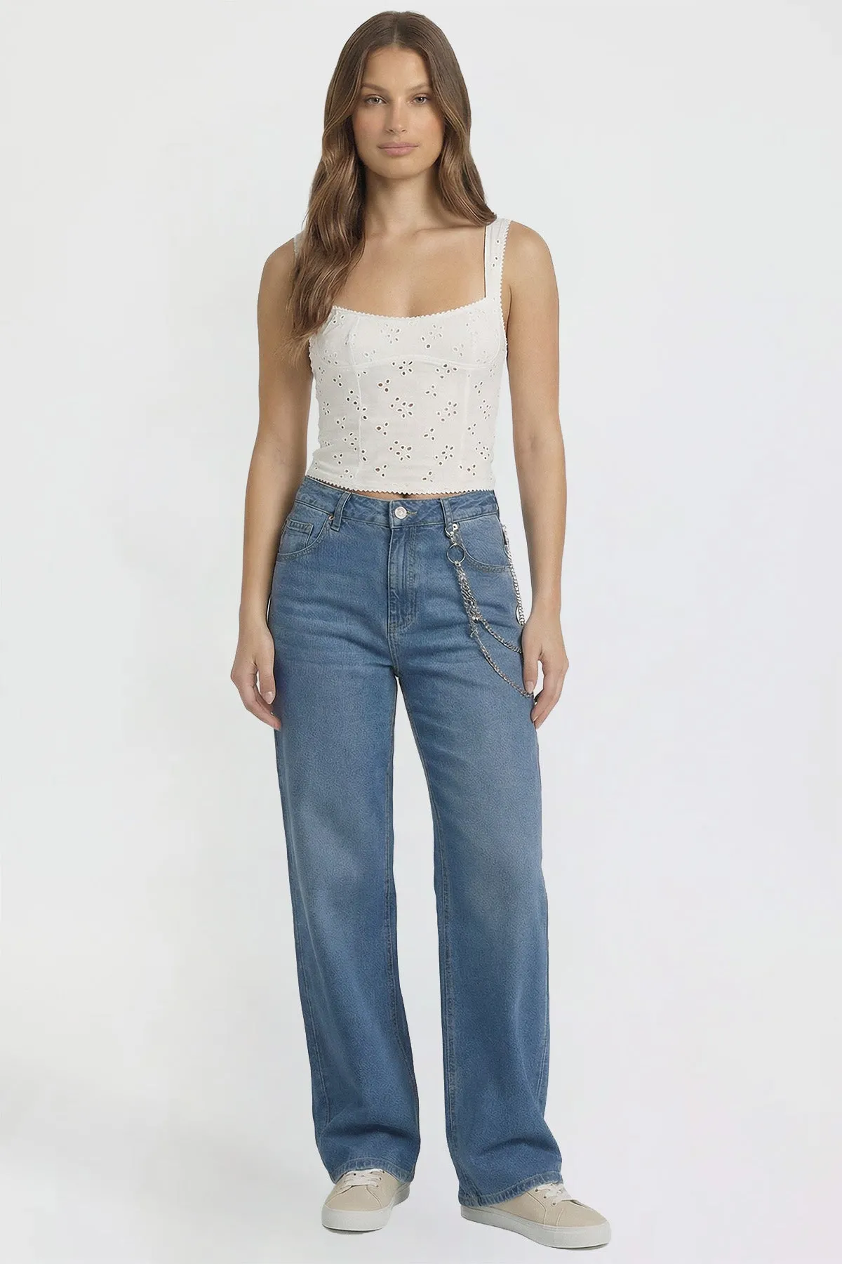 Women's Joey Super Wide Leg Jeans with Cross Chain sold by YMI