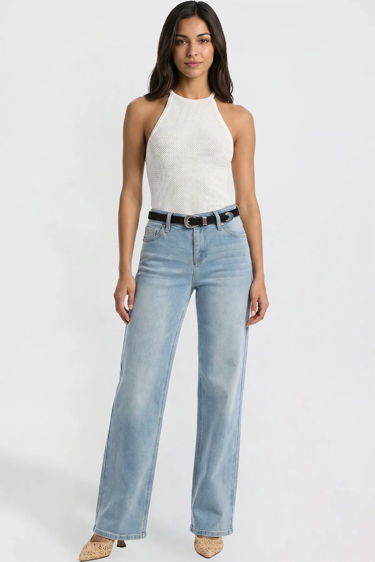 Women's Britney Belted Wide Leg Jeans sold by YMI