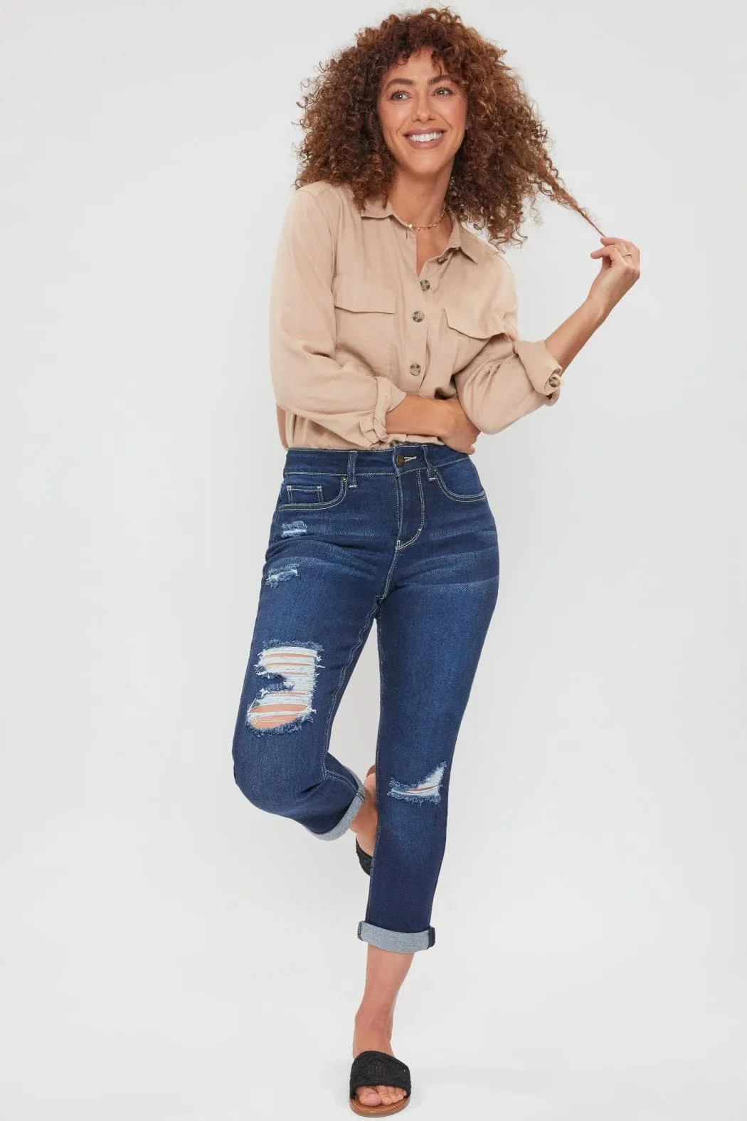 Women's Petite High Rise Vintage Slim Straight Cuff Jean sold by YMI