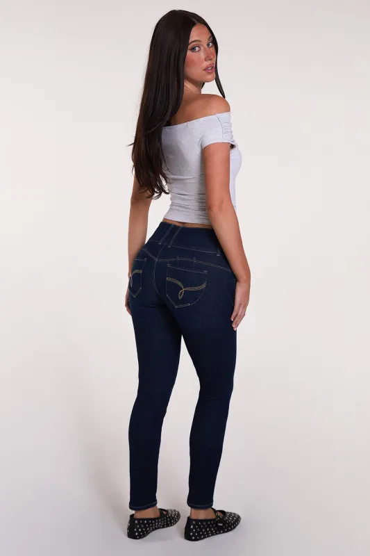 Women's Luxe 3-Button WannaBettaButt Skinny Jeans made by YMI