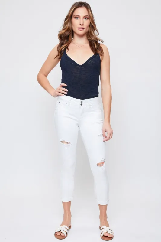 Women's Petite WannaBettaButt Distressed 2 Button Cuffed Ankle Sustainable Jean sold by YMI