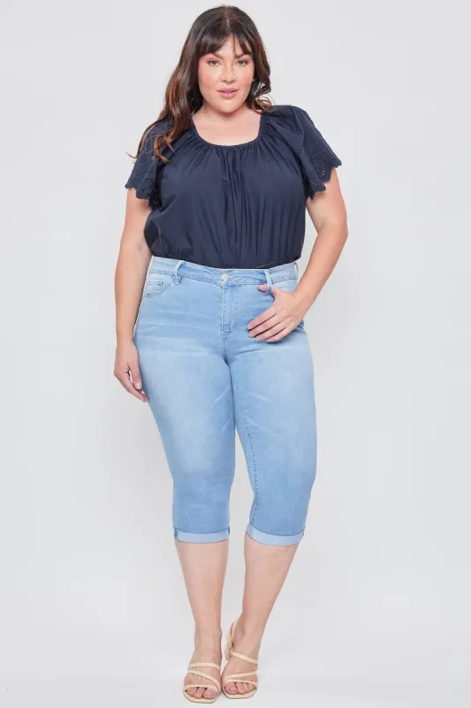 Women's Plus High-Rise Double Rolled Cuff Crop Jean sold by YMI