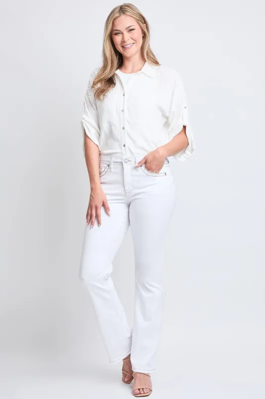 Women's High Rise Bootcut Faux Flap Pocket Jean sold by YMI