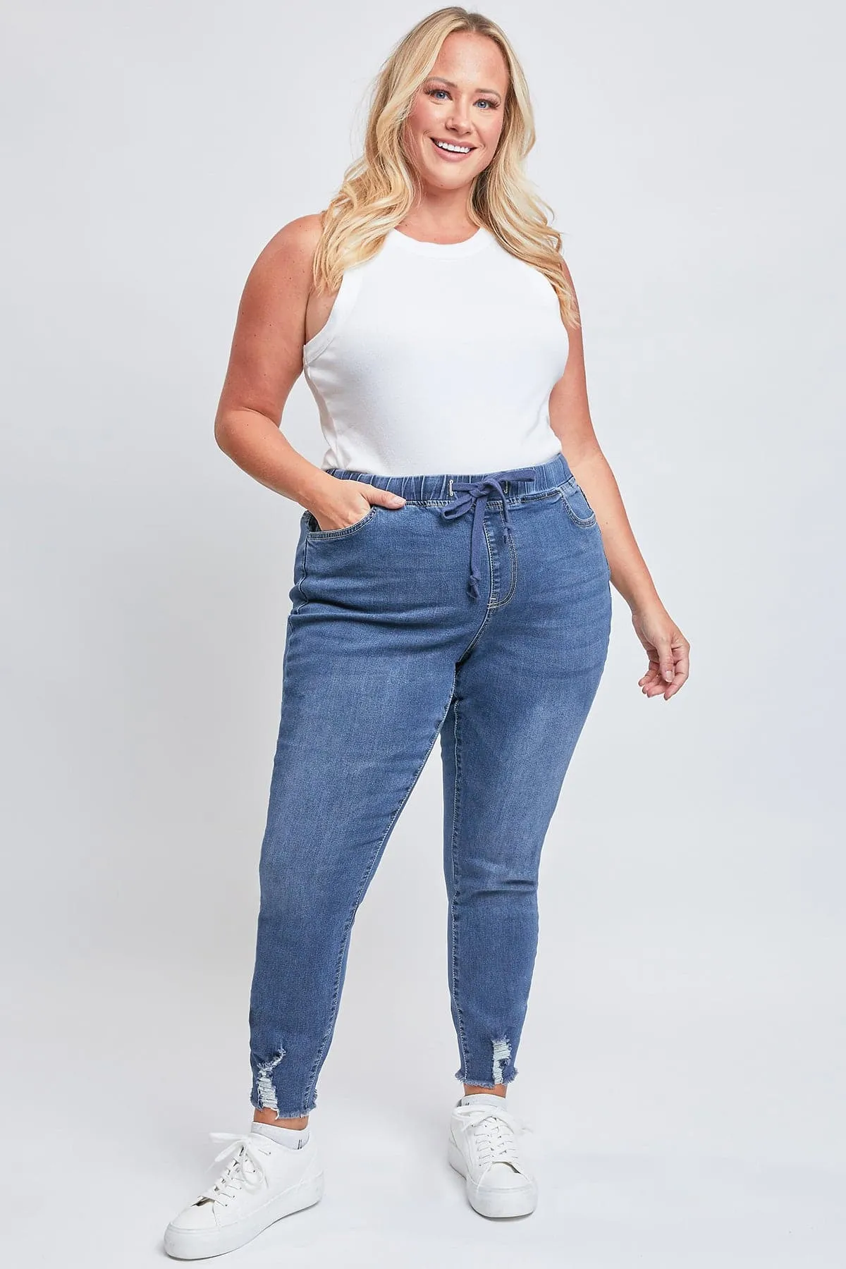 Women's Plus Size High Rise Denim Ankle Joggers sold by YMI