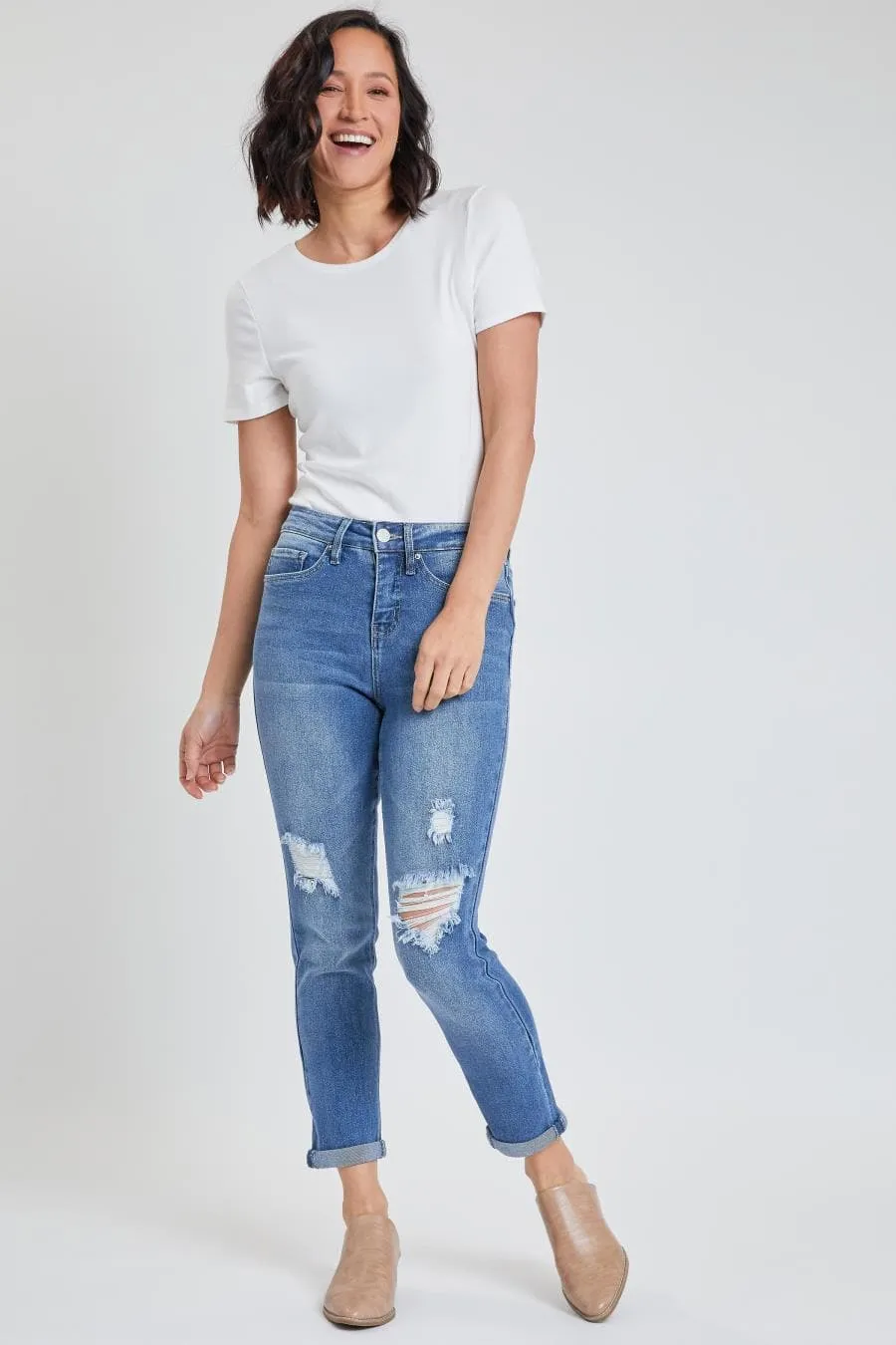 Women's Vintage High Rise Rolled-Cuff Straight Jeans sold by YMI