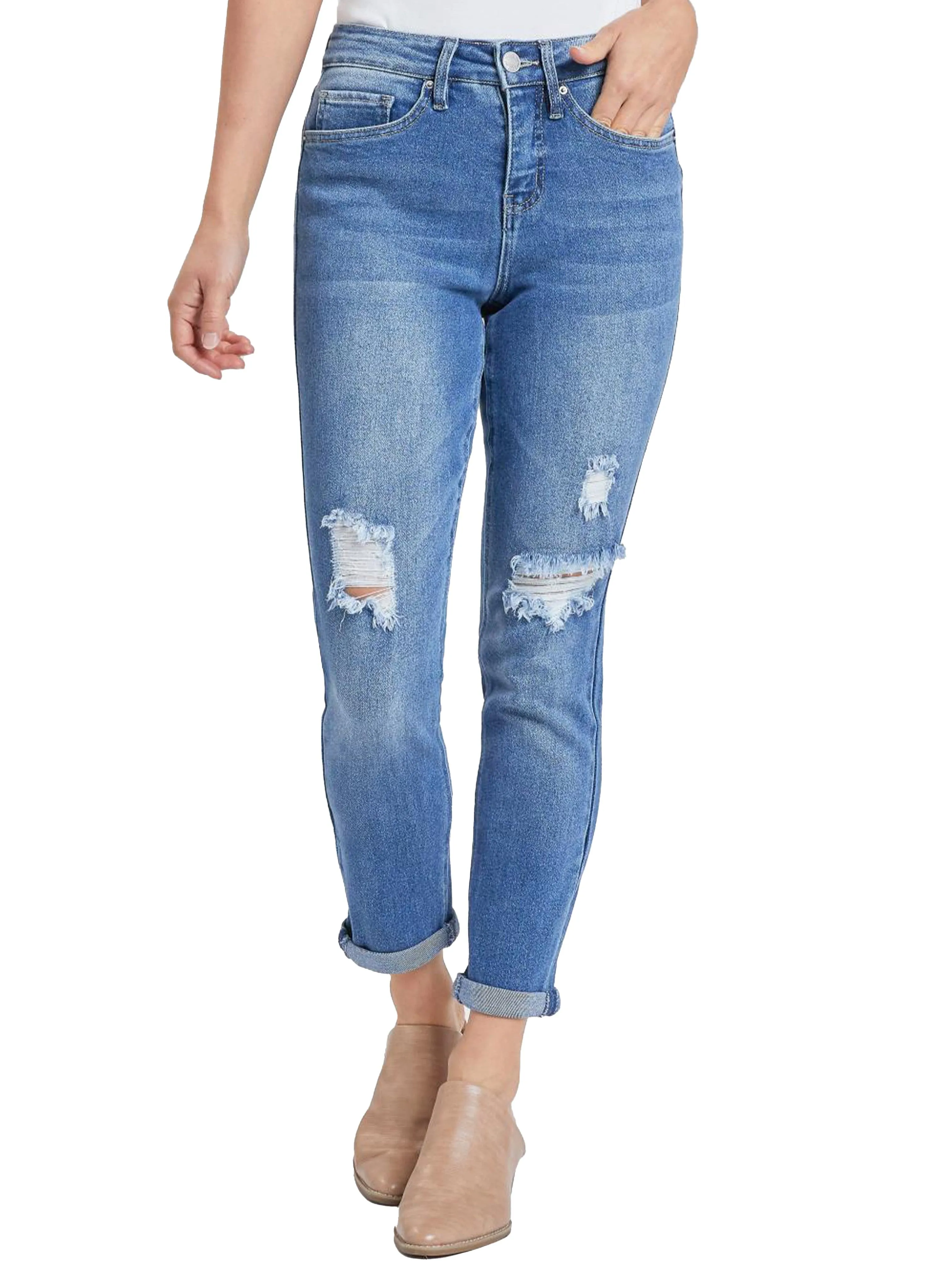 Women's Vintage High Rise Rolled-Cuff Straight Jeans sold by YMI product image thumbnail 2