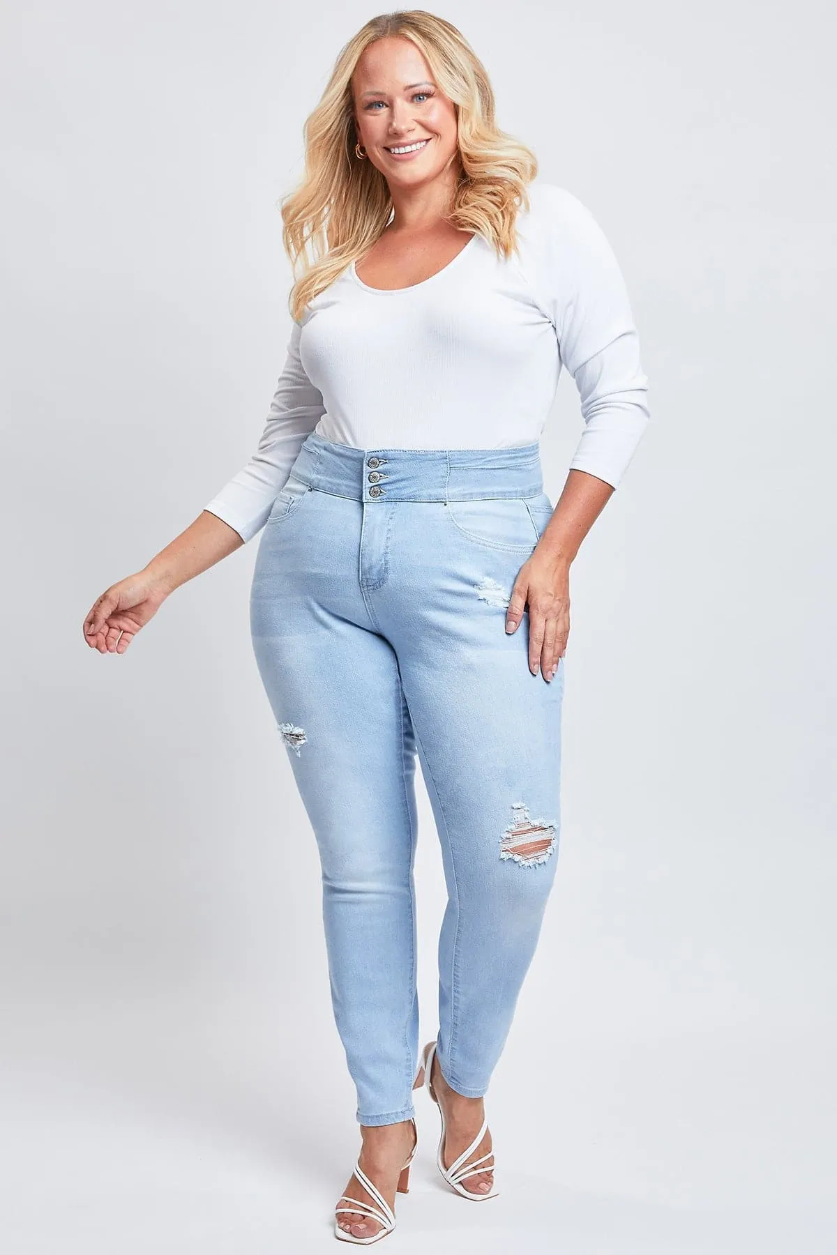 Women's Plus Size Sustainable Stacked Waistband Skinny Jeans sold by YMI