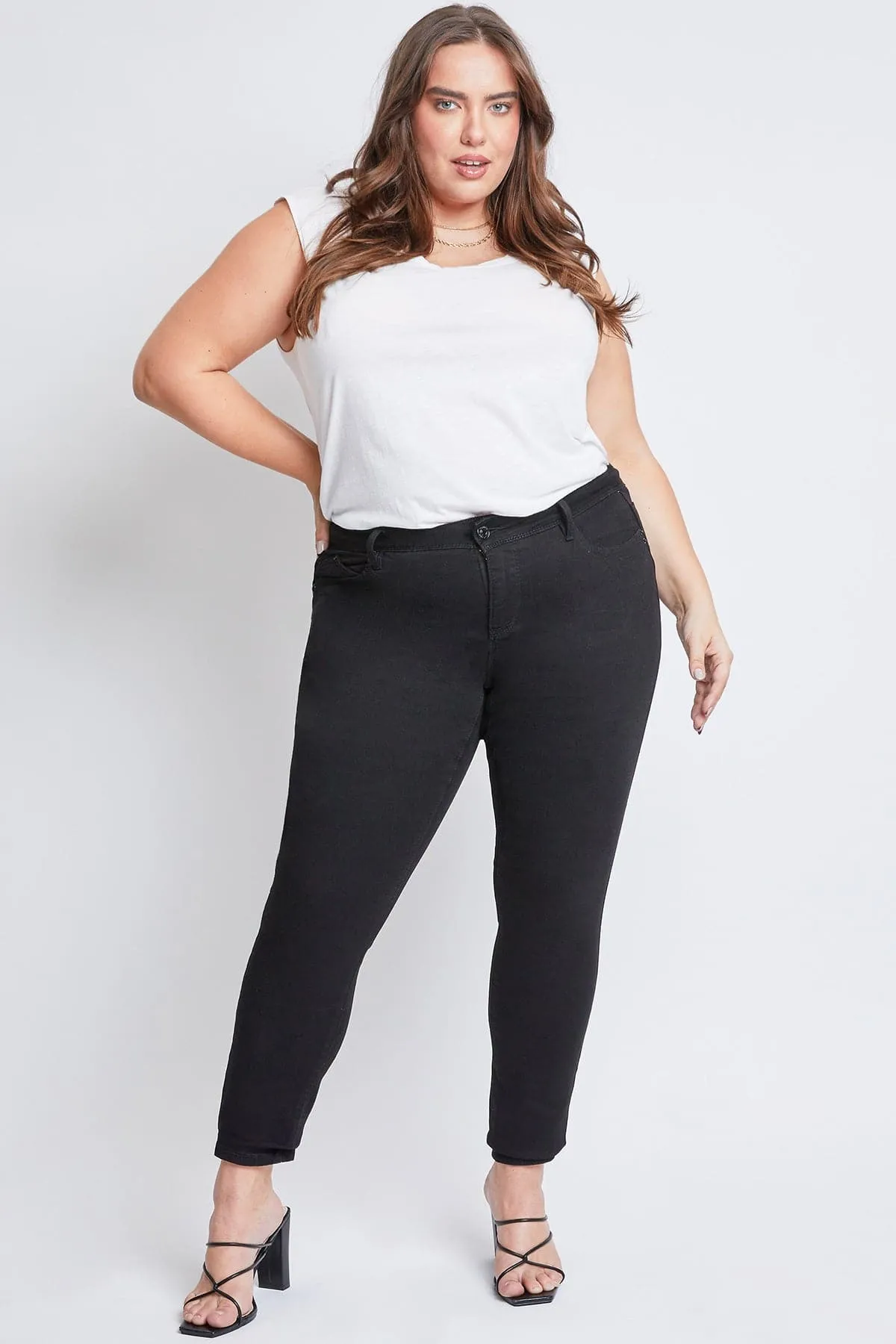 Women's Plus Size WannaBettaButt High Rise 1 Button Skinny Jean With Regular Hem sold by YMI