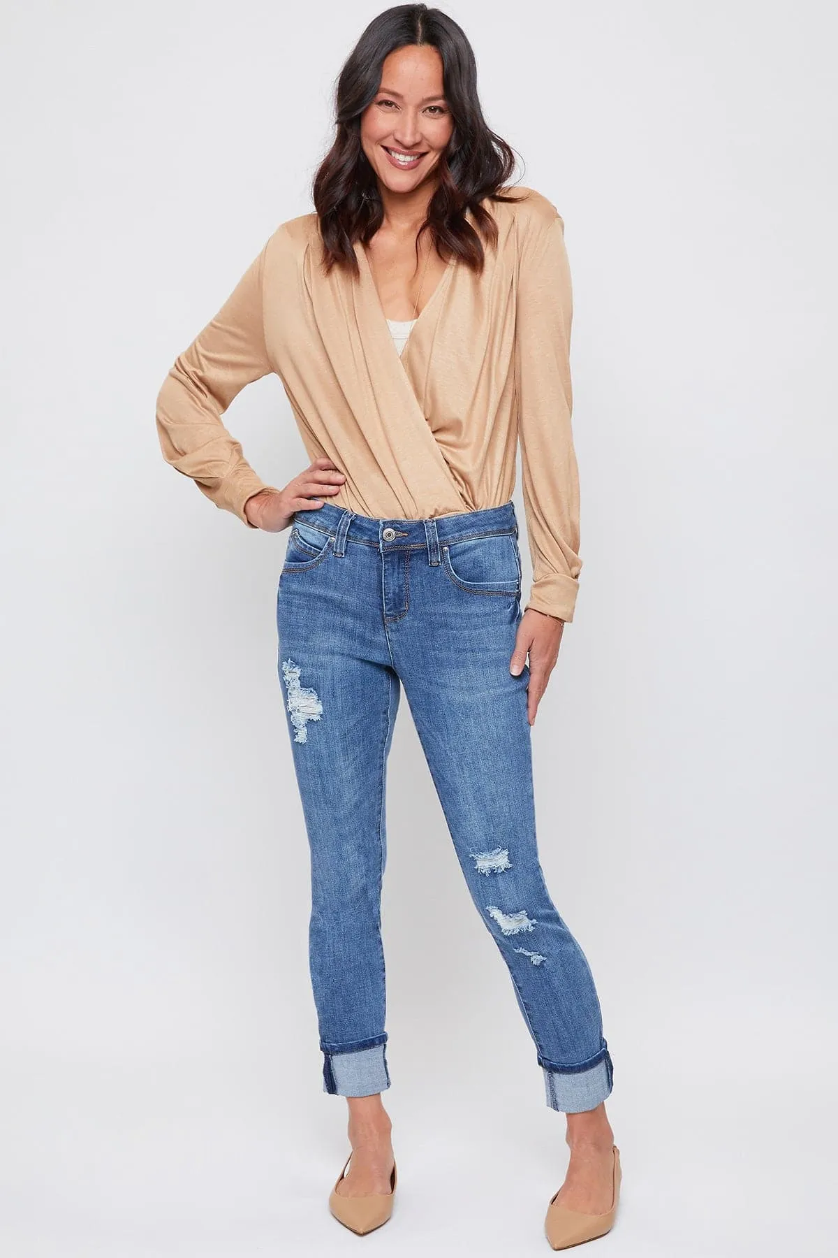 Women's WannaBettaButt Mid Rise Mega Cuff Skinny Sustainable Jean sold by YMI