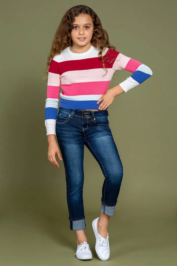 Girls WannaBettaFit 2-Button Wide Cuff Denim Skinny Jeans sold by YMI