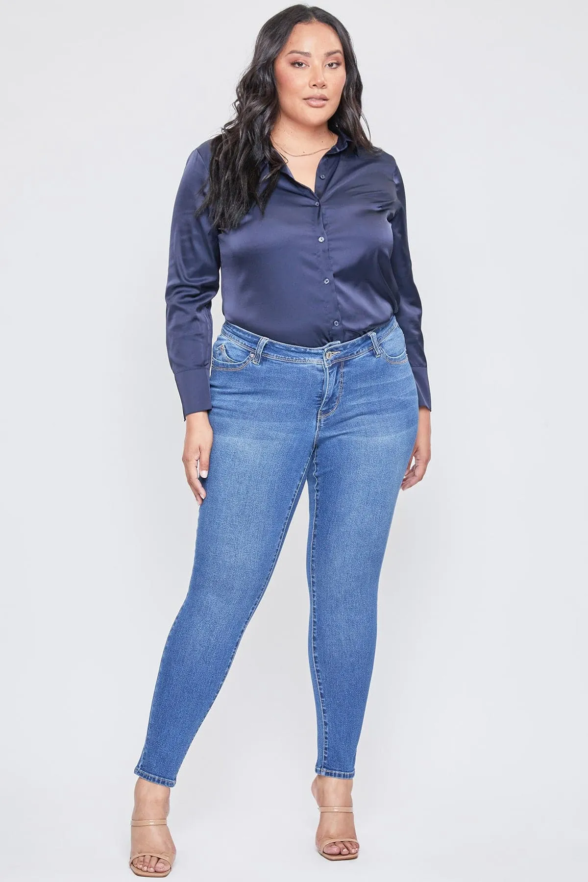 Women's Plus Size Sustainable WannaBettaButt Mid Rise Skinny Jeans sold by YMI