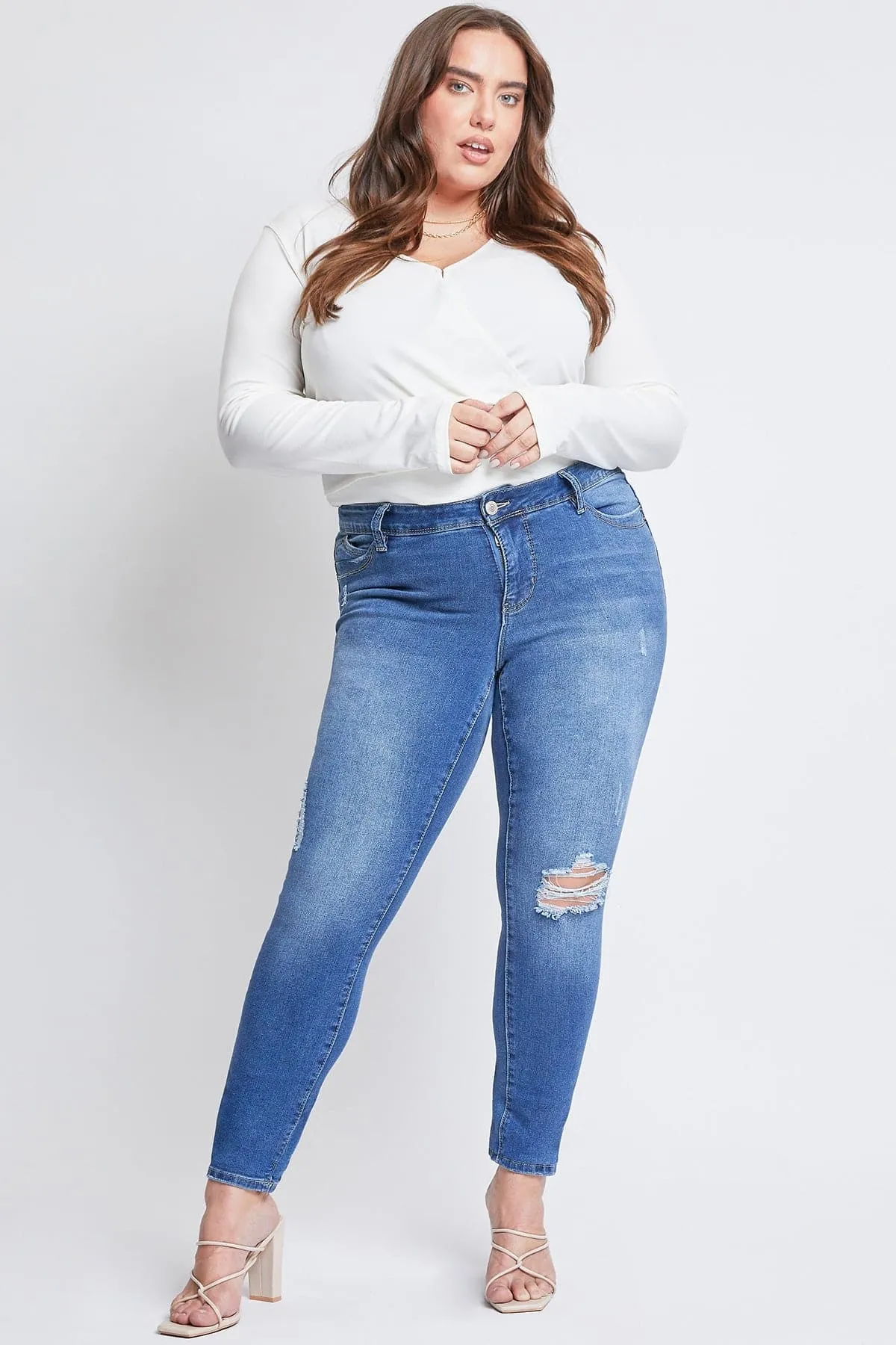 Women's Plus Size Sustainable WannaBettaButt Mid Rise Skinny Jeans sold by YMI product image thumbnail 5