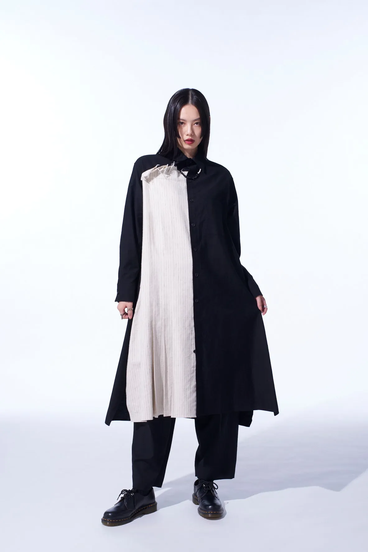 COTTON TWILL SHIRT DRESS WITH STRIPED PLEATED FABRIC sold by Yohji Yamamoto product image thumbnail 5