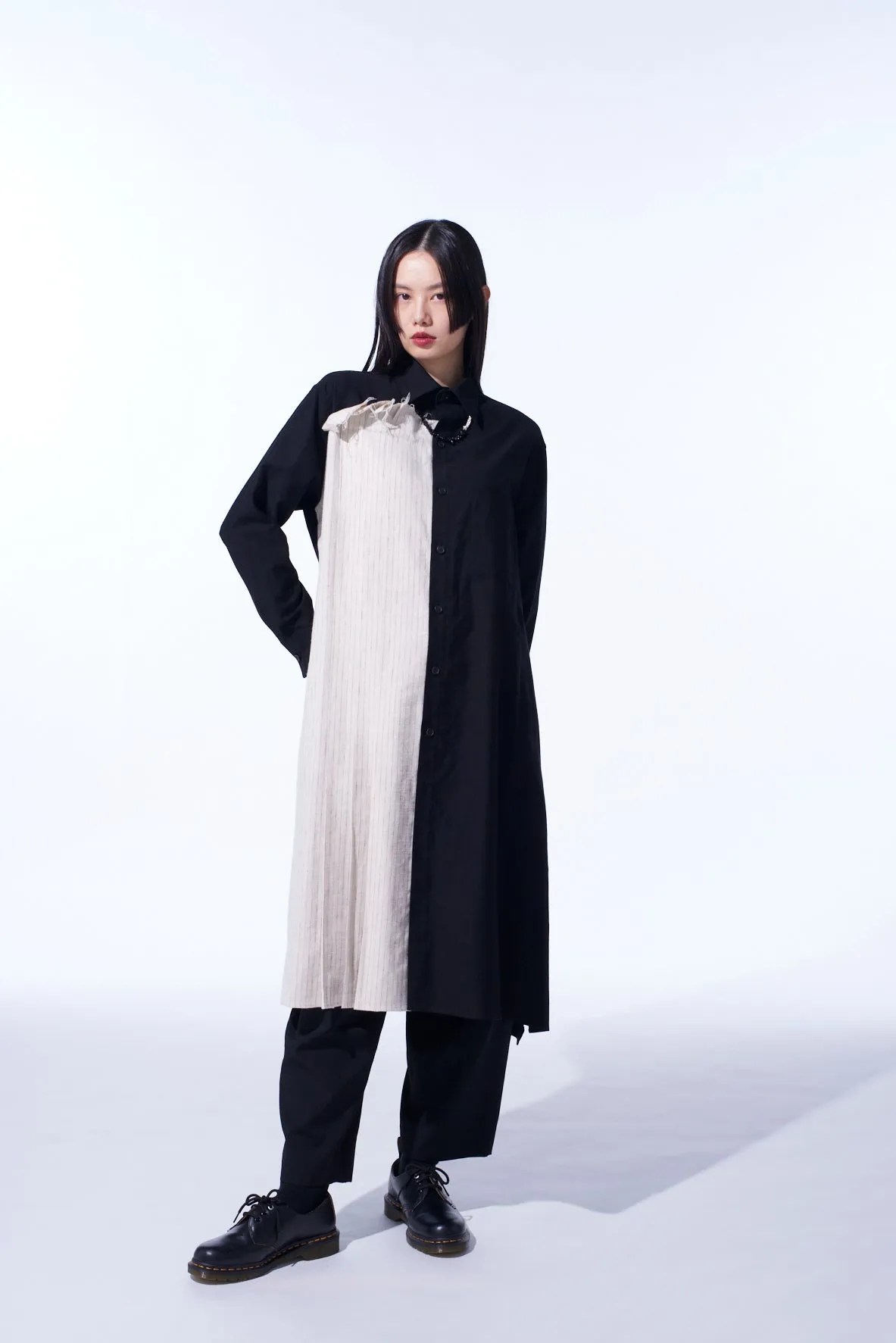 COTTON TWILL SHIRT DRESS WITH STRIPED PLEATED FABRIC sold by Yohji Yamamoto product image thumbnail 2