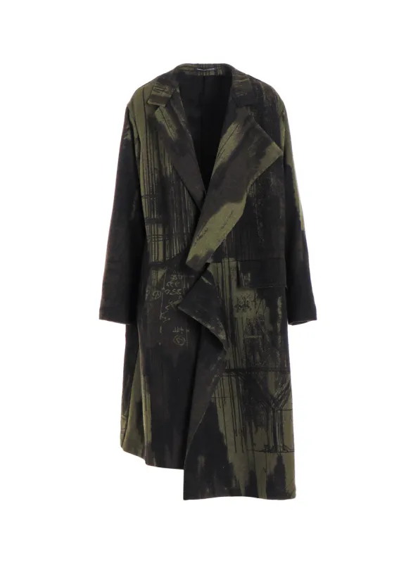 WOOL FLANNEL LOGO SCRIBBLE LEFT FRONT CUT COAT sold by Yohji Yamamoto