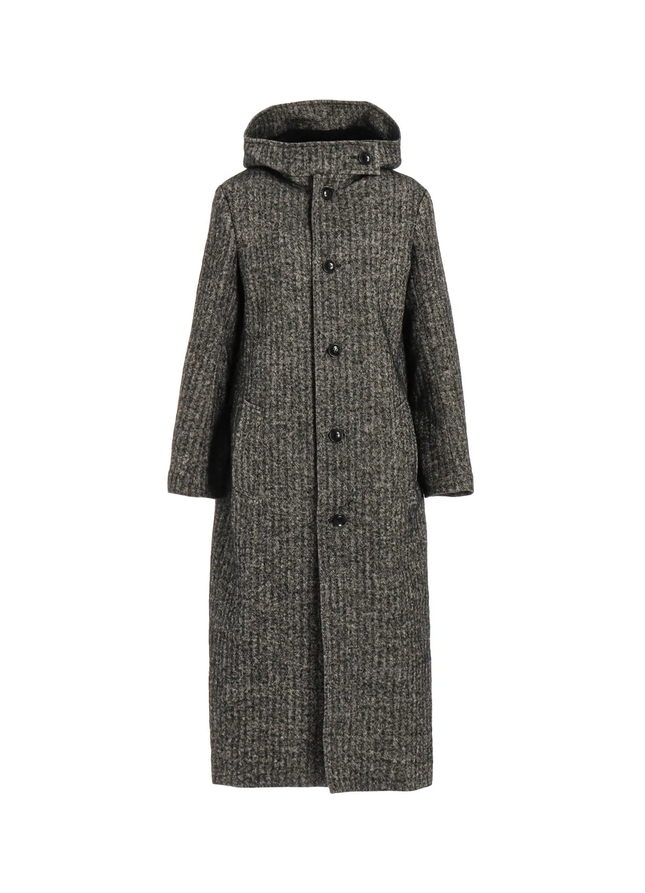 LINEN/WOOL RAISED HERRINGBONE LONG COAT WITH HOODIE sold by Yohji Yamamoto