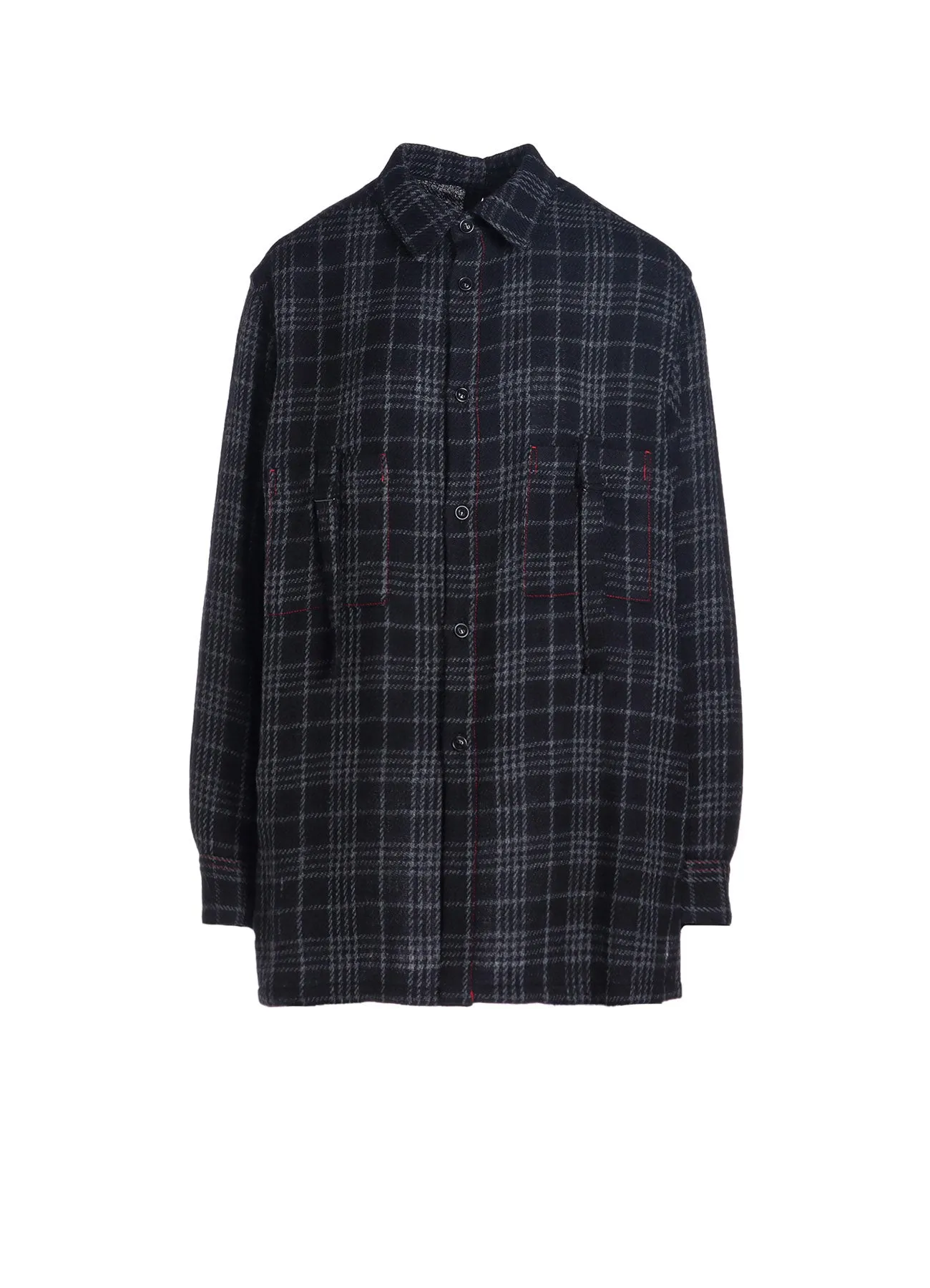 W/ CHECK RED STITCH BACK TUCKED OPEN TAB BLOUSE sold by Yohji Yamamoto