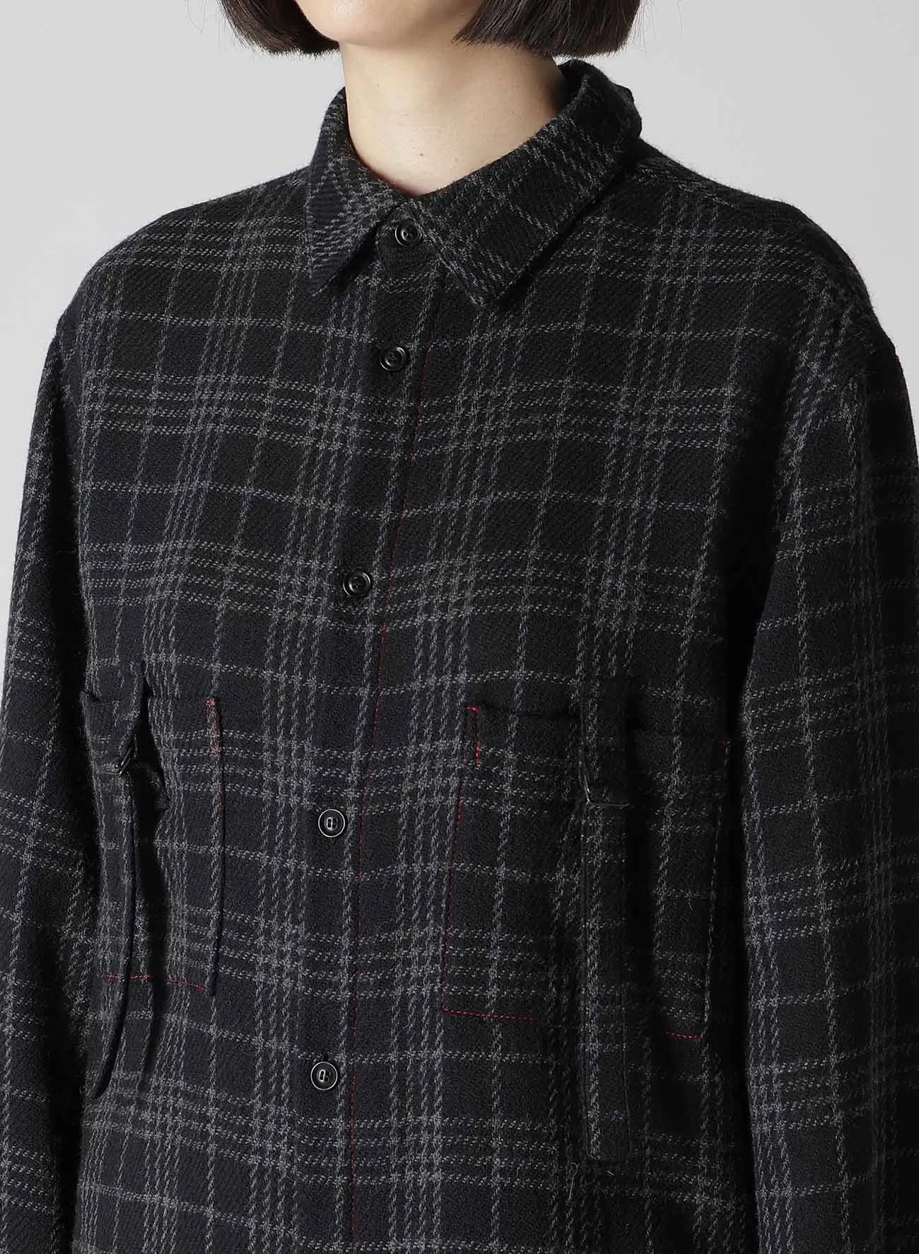 W/ CHECK RED STITCH BACK TUCKED OPEN TAB BLOUSE sold by Yohji Yamamoto product image thumbnail 5