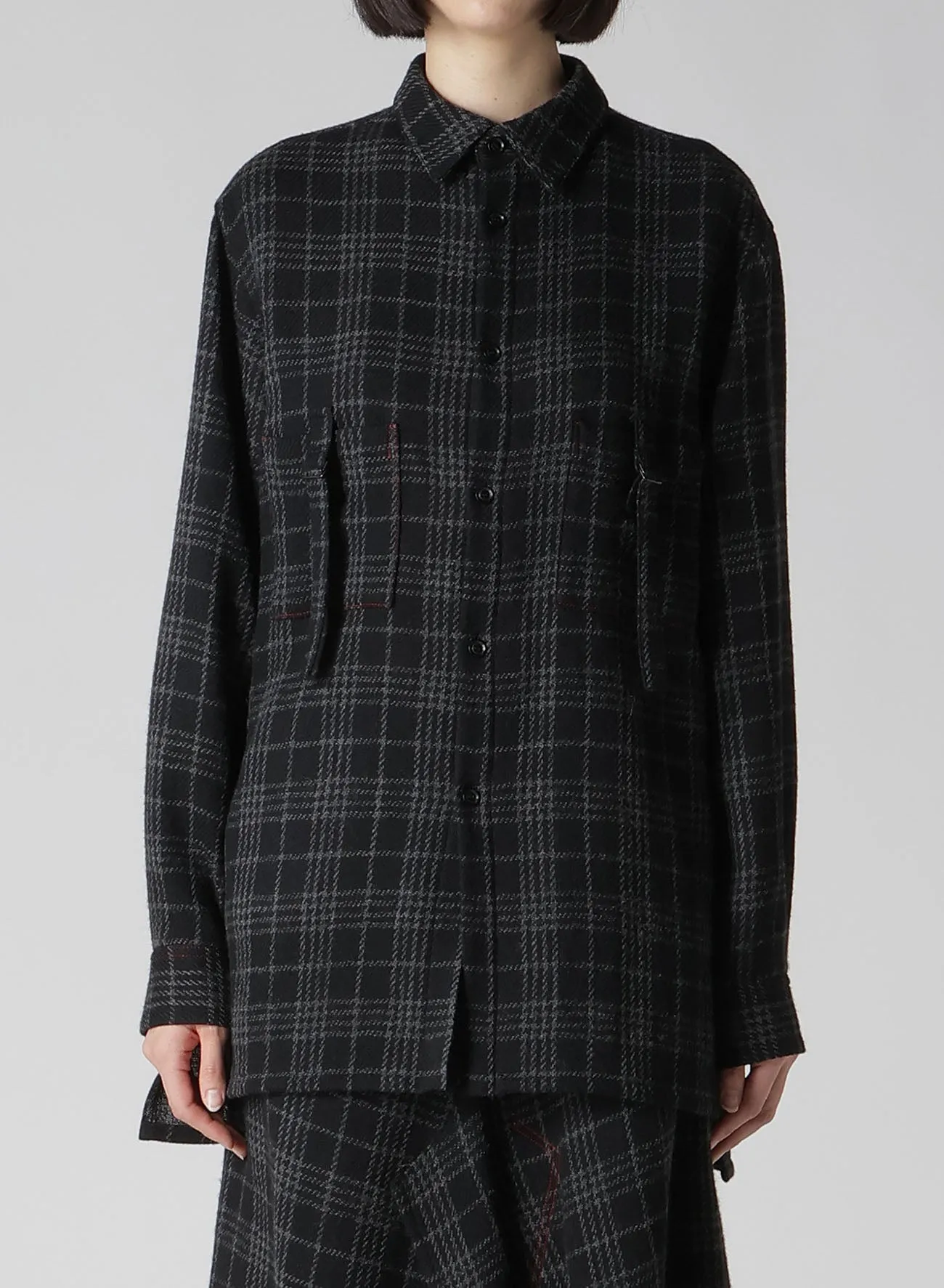 W/ CHECK RED STITCH BACK TUCKED OPEN TAB BLOUSE sold by Yohji Yamamoto product image thumbnail 4