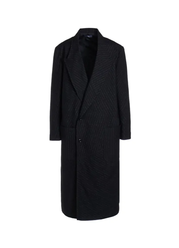 WOOL BLEND NEP STRIPE PANEL LONG JACKET sold by Yohji Yamamoto