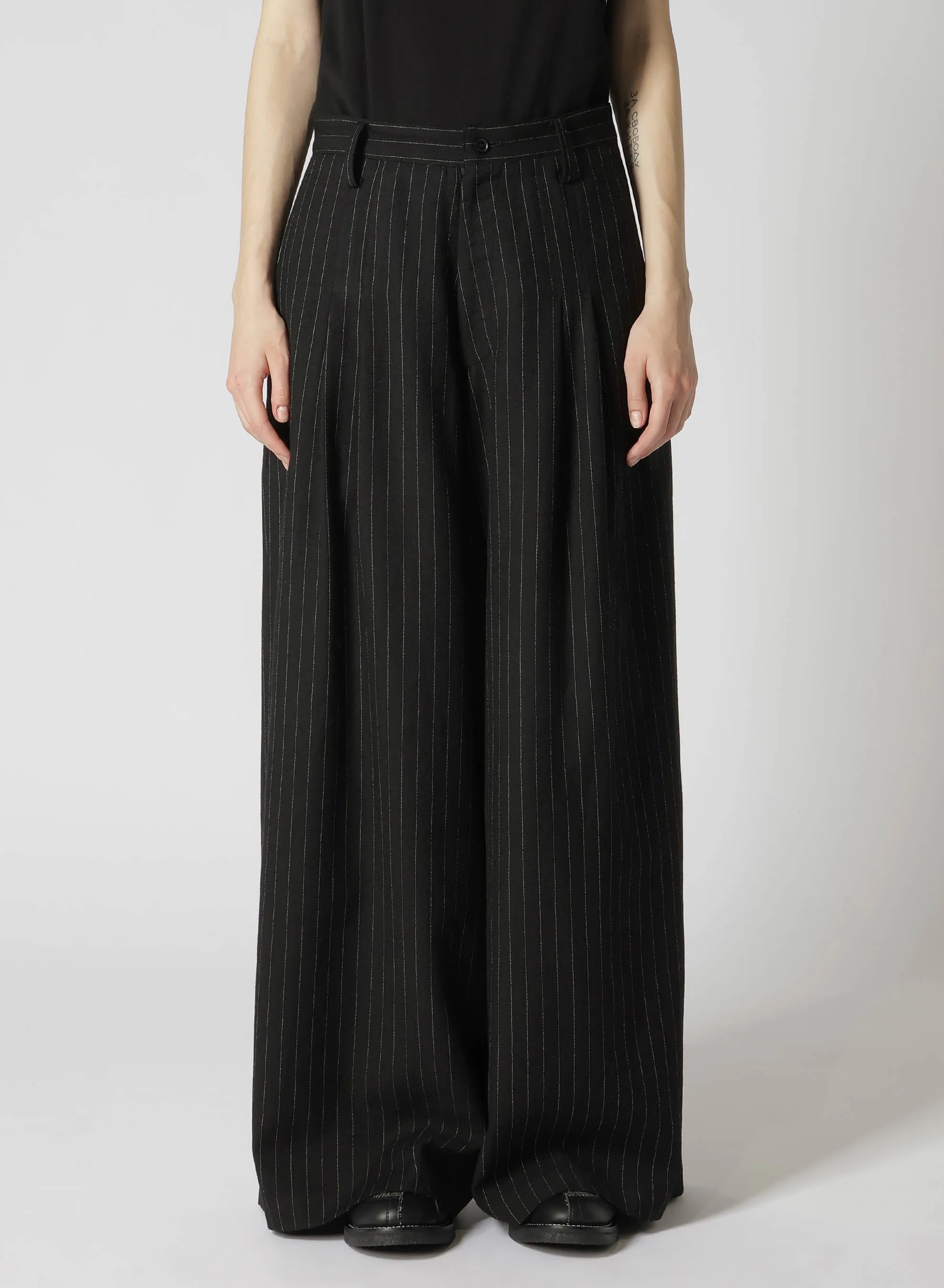 WOOL STRIPE DOUBLE TUCK WIDE PANTS sold by Yohji Yamamoto product image thumbnail 4