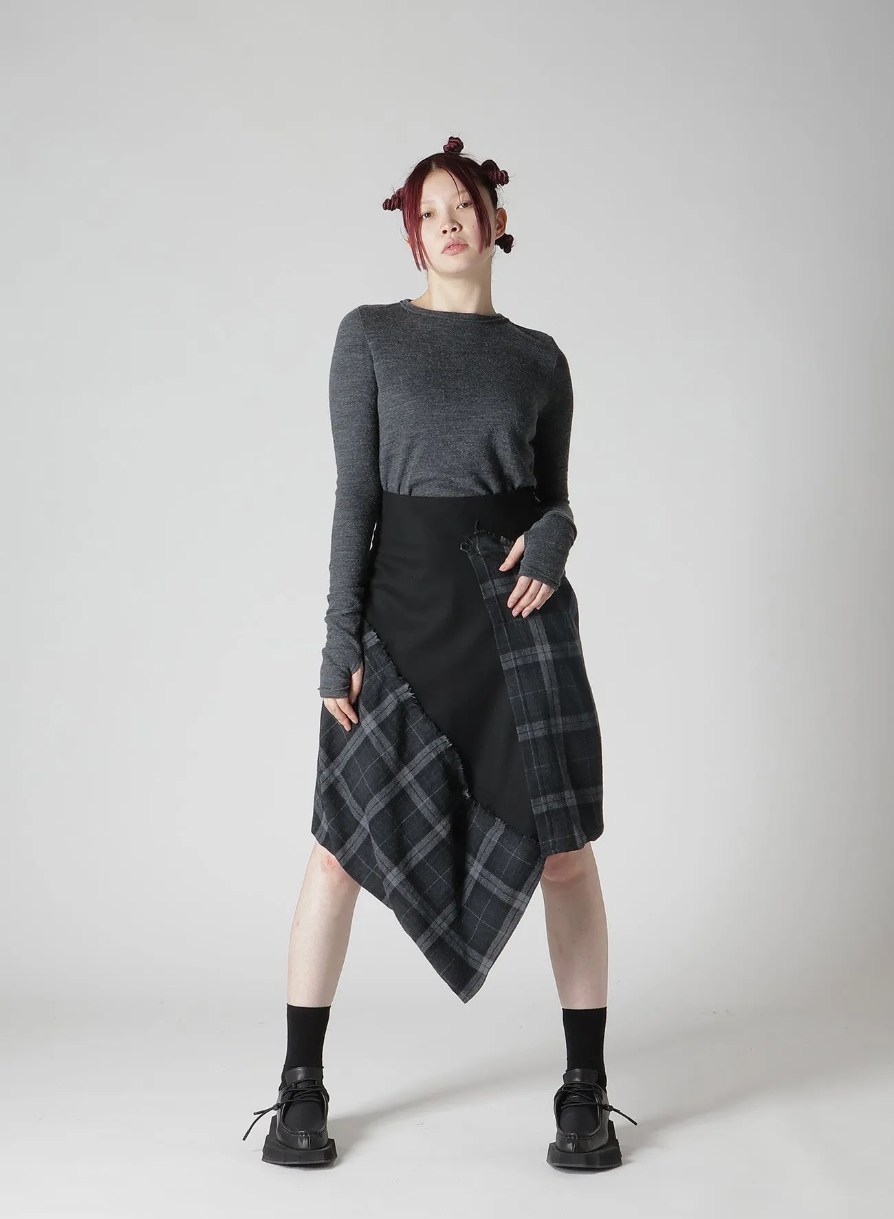 SERGE + PLAID COMBI WRAP SKIRT sold by Yohji Yamamoto product image thumbnail 4