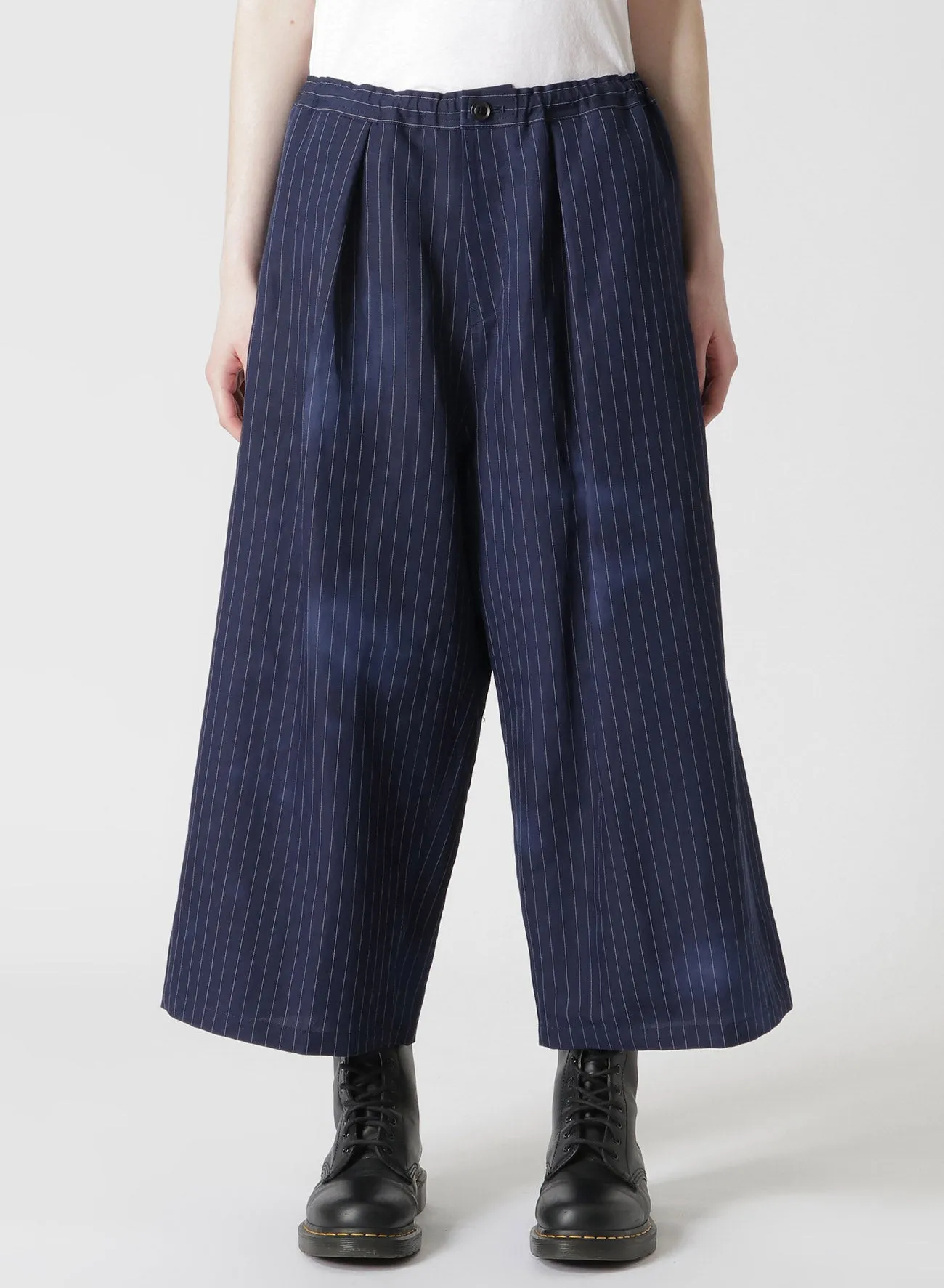 LINEN/COTTON PIN-STRIPED UNEVENLY DYED WIDE LEG PLEATED