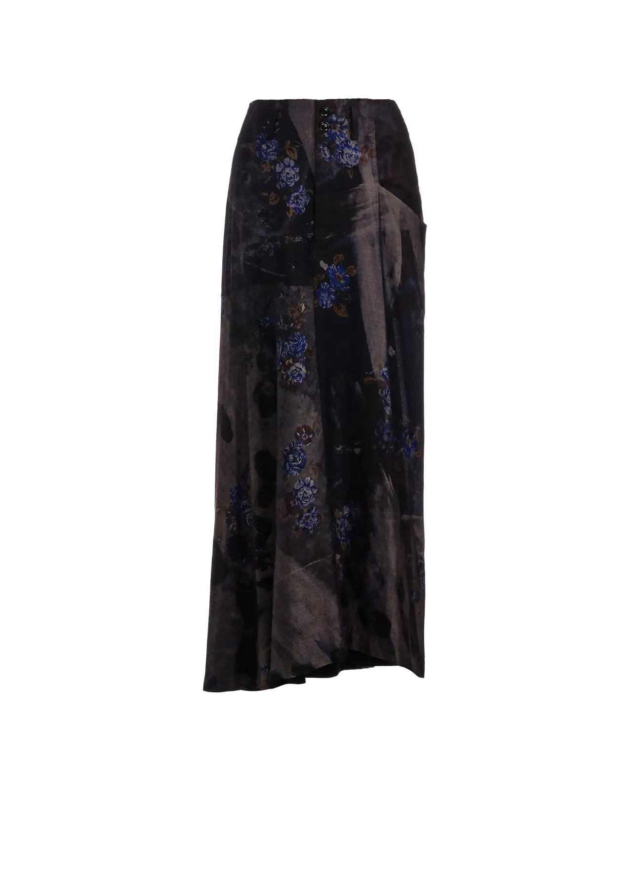 CU/ TWILL STEPPED ON FLOWER PT ASYMMETRIC LONG SKIRT sold by Yohji Yamamoto