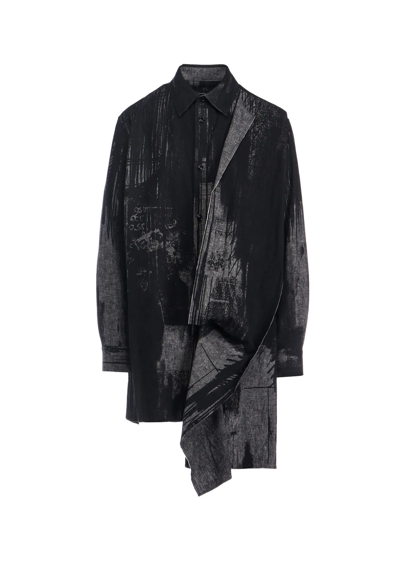 L/C CHAMBRAY LOGO SCRIBBLE PT LEFT DRAPE BLOUSE sold by Yohji Yamamoto