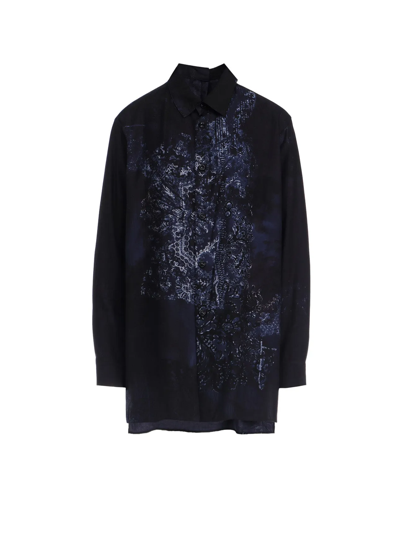 CU/ TWILL LACE DESIGN PT BACK TUCKED OPEN BLOUSE sold by Yohji Yamamoto