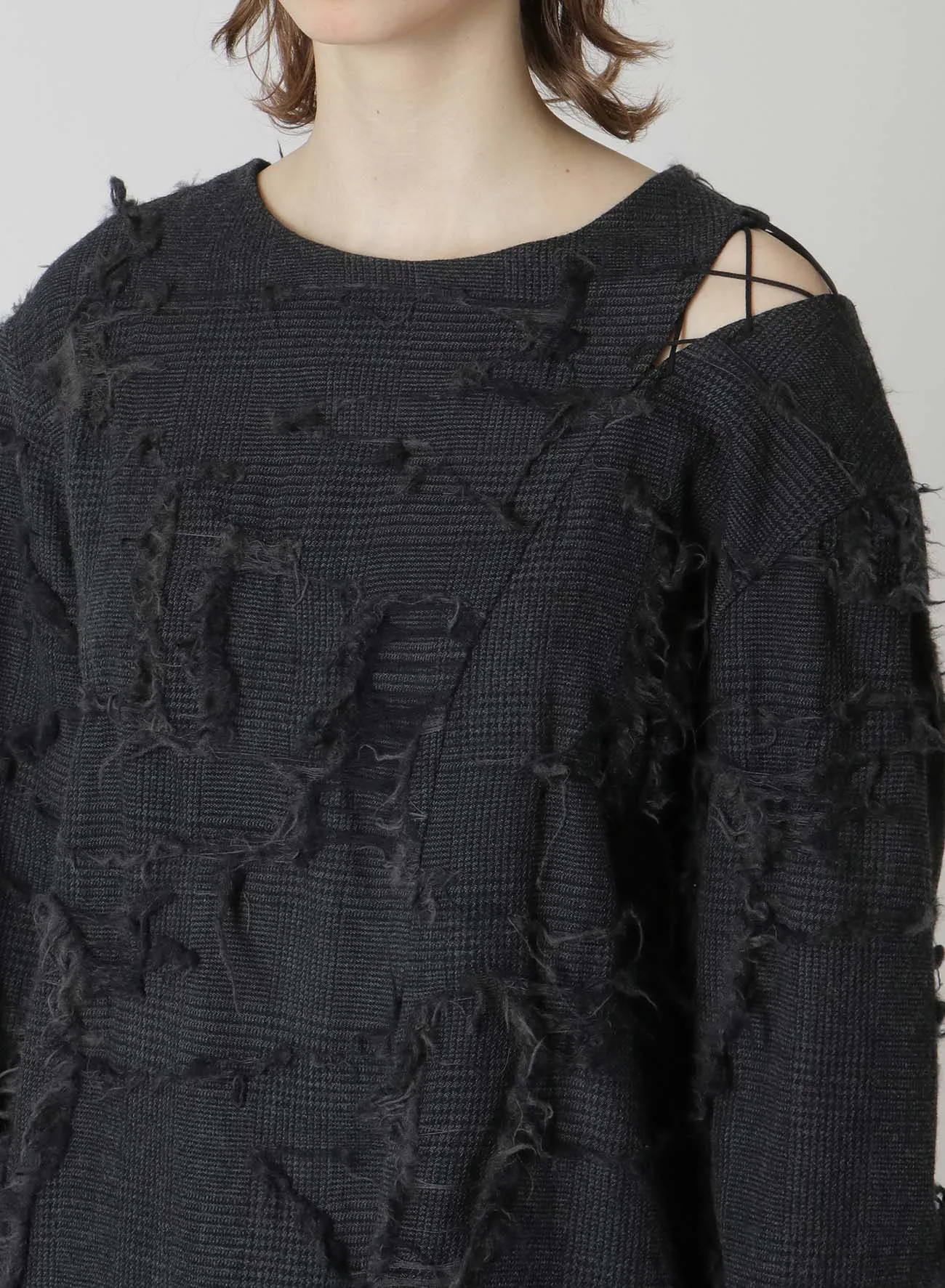 WOOL GLEN CHECK LACE-UP SHOULDER DETAIL TOP sold by Yohji Yamamoto product image thumbnail 5