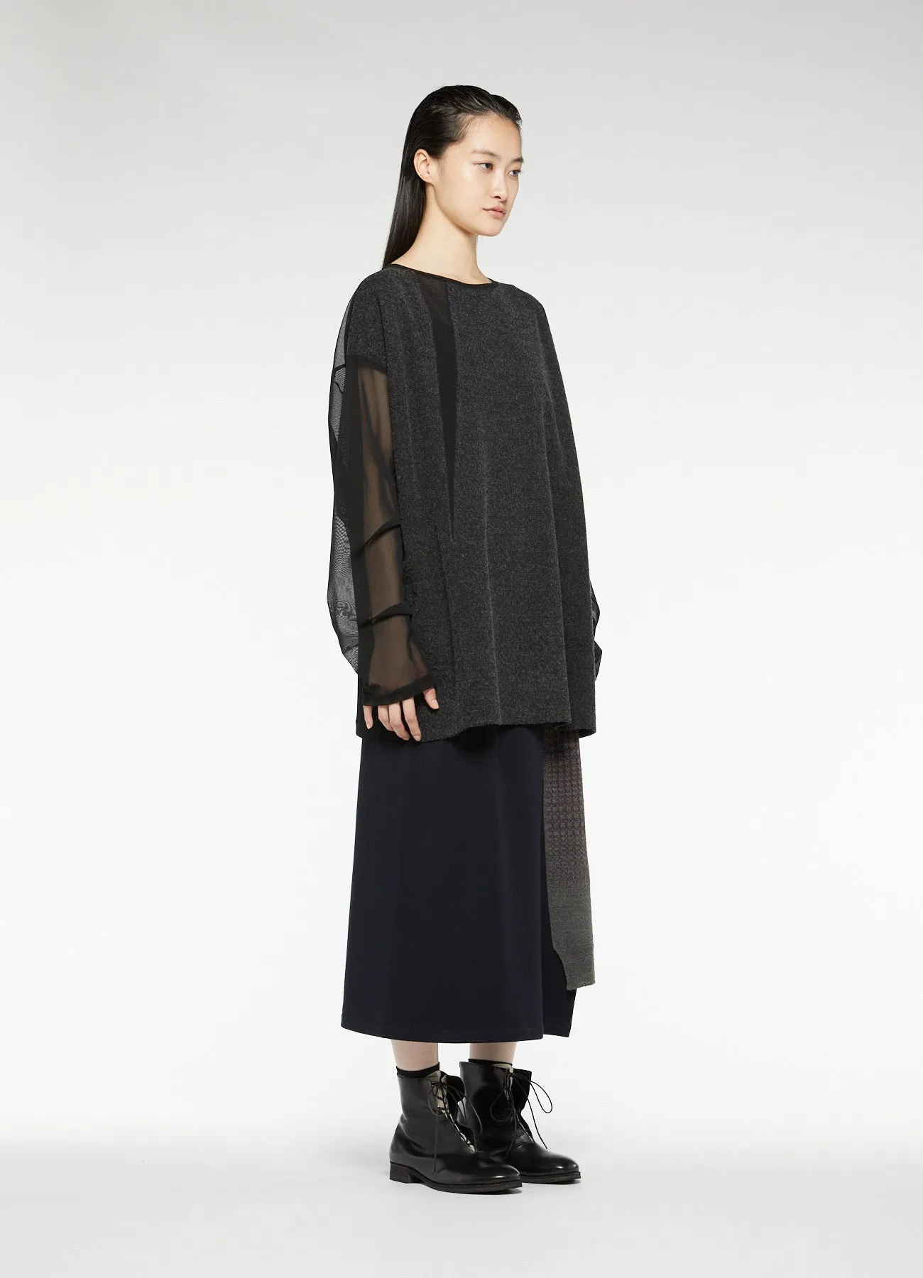 POLYESTER TULLE x WOOL NEEDLE PUNCH BOAT NECK BIG T-SHIRT sold by Yohji Yamamoto product image thumbnail 5