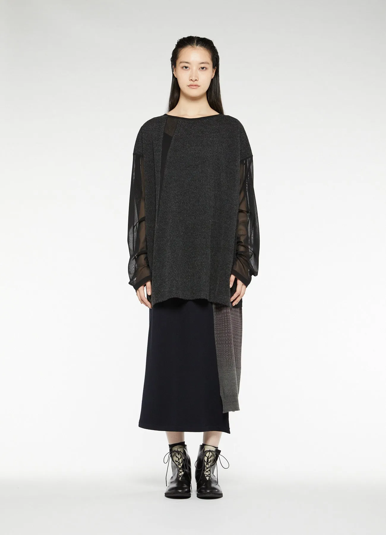 POLYESTER TULLE x WOOL NEEDLE PUNCH BOAT NECK BIG T-SHIRT sold by Yohji Yamamoto product image thumbnail 4